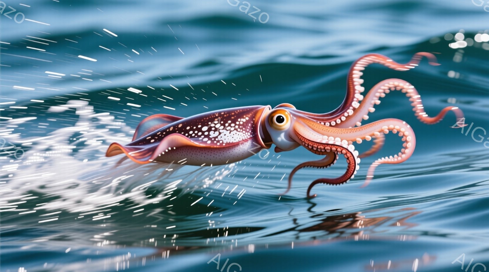 水面から飛び出した赤いイカが写っている。イカは触手を広げ、右方向に勢いよく飛び出しており、水しぶきが飛び散っている。背景は水面で、水しぶきがイカの躍動感を強調し、活気に満ちた雰囲気を醸し出している。