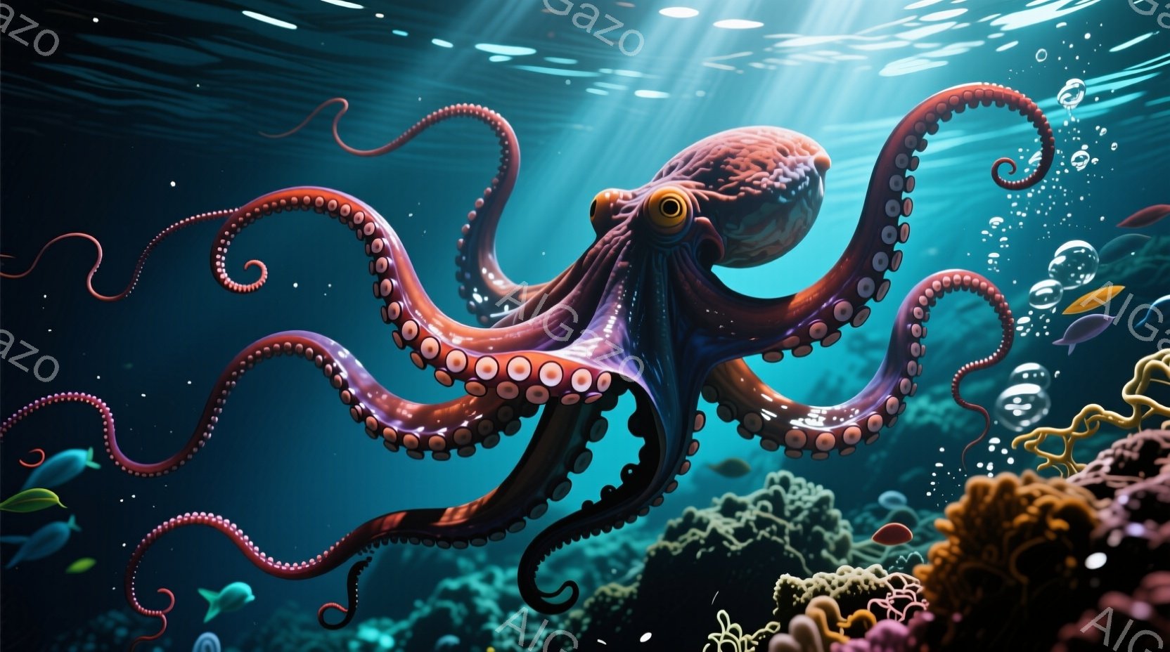 深い青色の海中には、鮮やかなピンク色のタコが優雅に泳いでいる。タコの体は波打ち、触手は自由に伸びており、周囲にはカラフルなサンゴ礁と小さな魚たちが点在している。全体的に、神秘的で穏やかな深海の雰囲気が - AI生成フリー素材