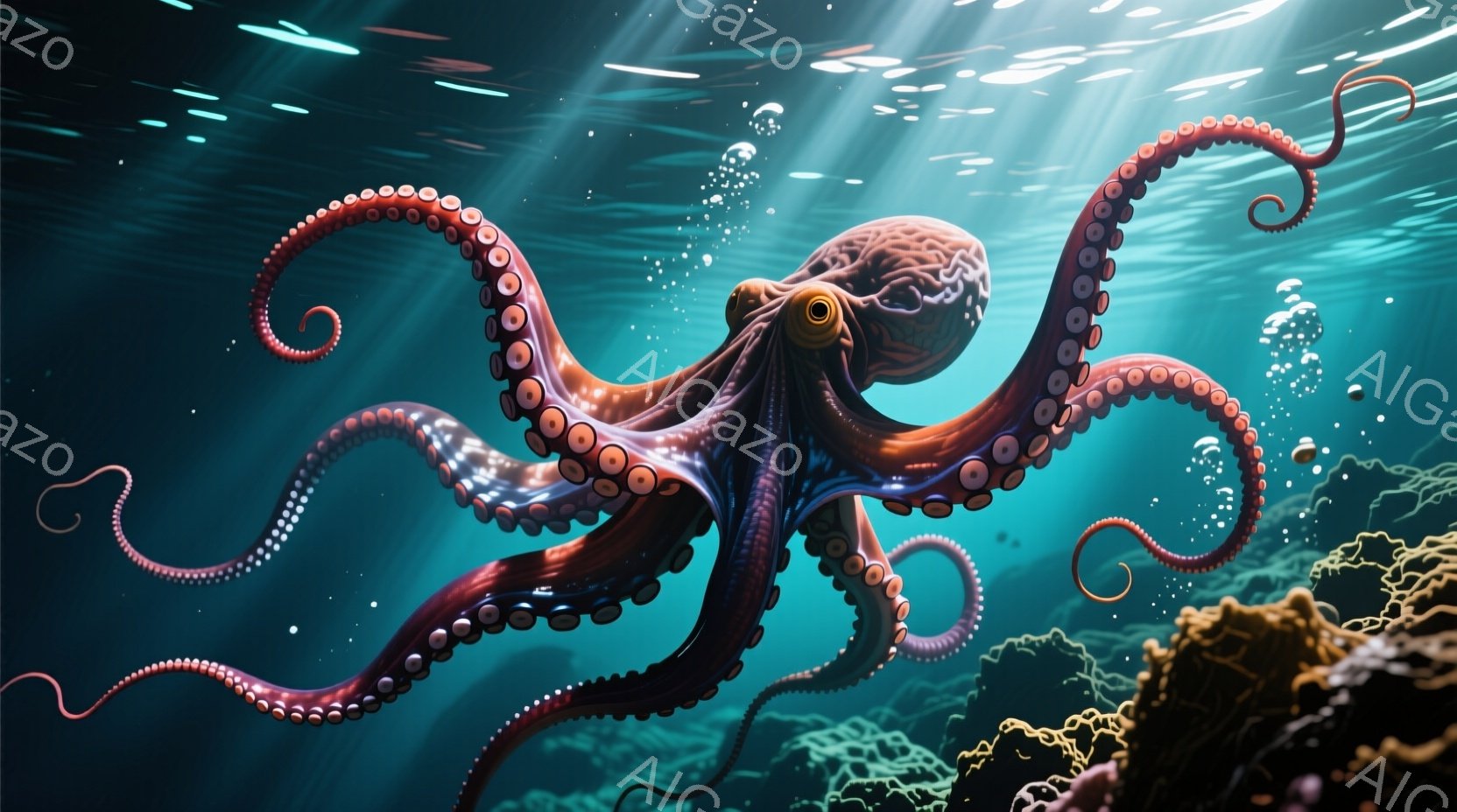 深い青色の海中を、巨大なタコが優雅に漂っている。触腕は複雑に絡み合い、鮮やかな赤色が特徴的で、海流に乗って波のように揺れている。背景には、海藻やサンゴ礁がぼんやりと見え、光が差し込むことで神秘的な雰囲気が漂っている。