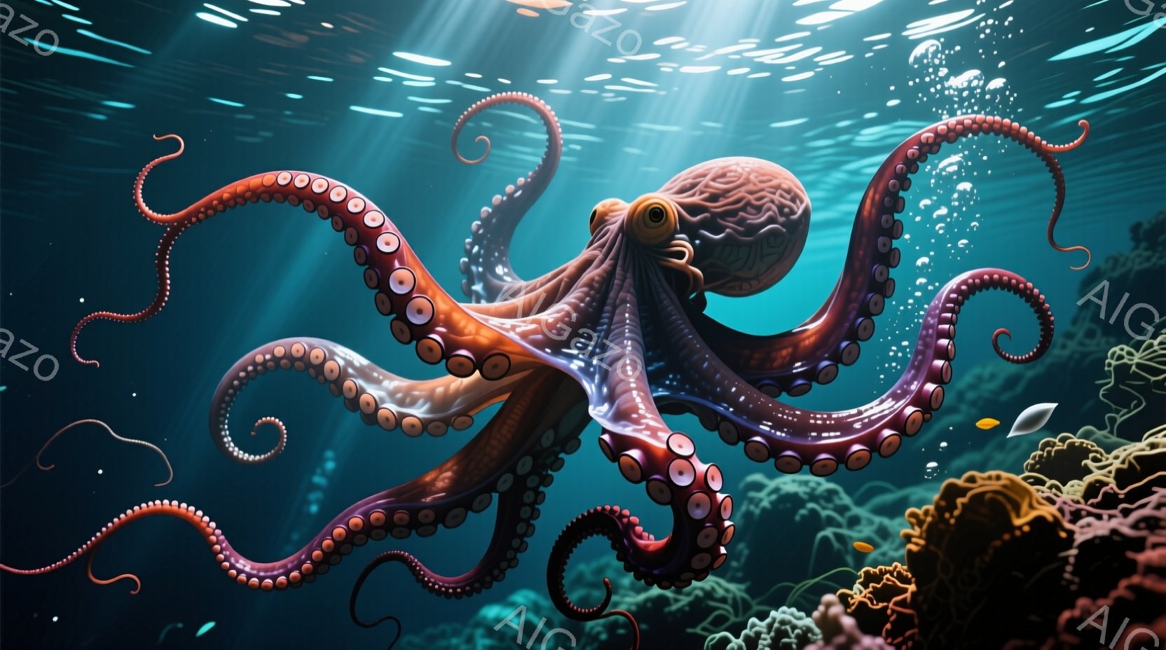 深い青色の海中に、鮮やかな赤褐色のタコが優雅に泳いでいる。タコの体は丸みを帯びており、吸盤が並んだ多数の触手が広がり、まるで踊っているかのようだ。背景には、サンゴ礁が広がり、水中の光が差し込み、幻想的 - AI生成フリー素材