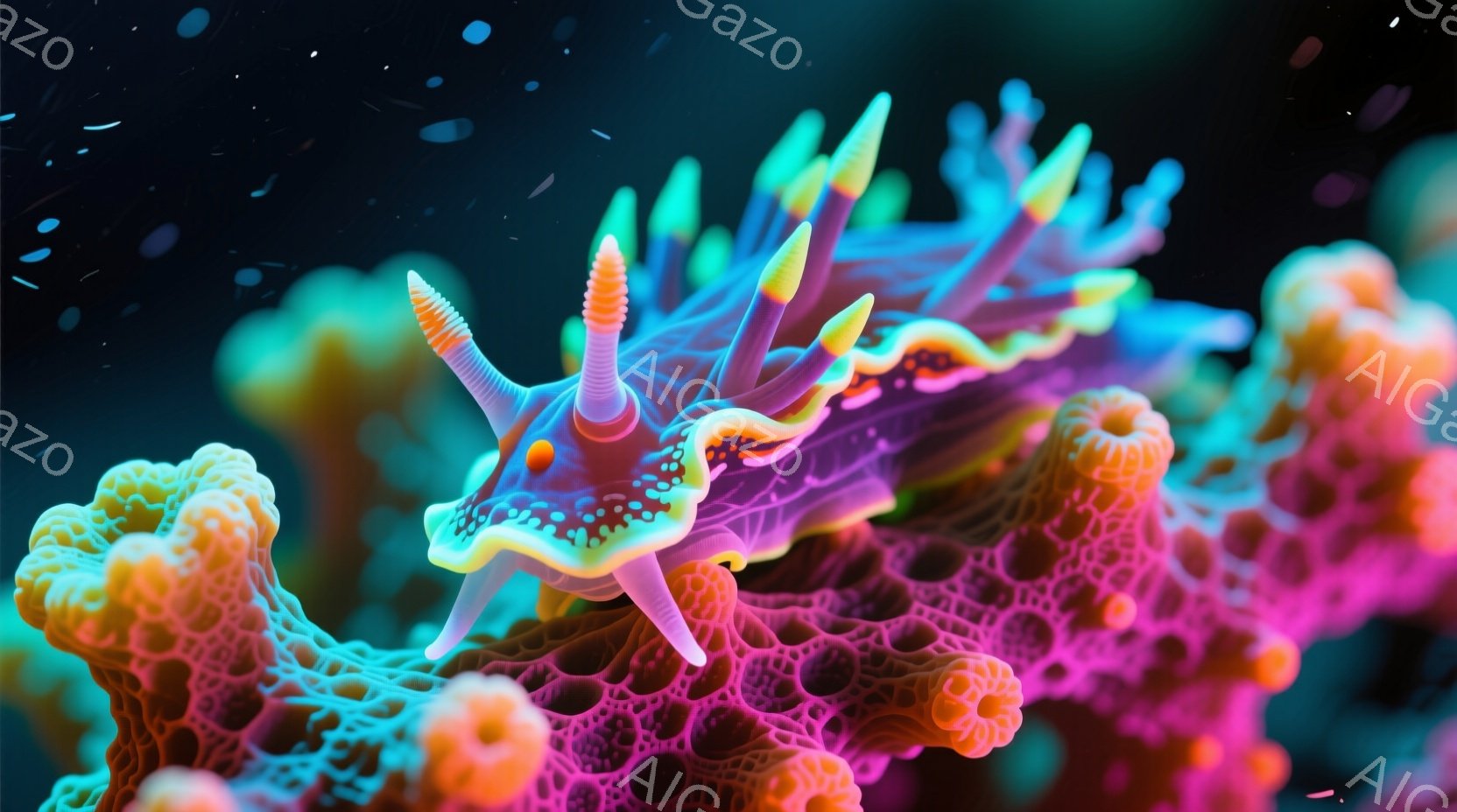 鮮やかなピンクとターコイズブルーのイソギンチャクの一種が、複雑な構造の珊瑚礁に寄り添う姿が捉えられています。この生物は、背中に沿って多数の繊細な突起を持ち、明るい紫色の斑点が特徴的です。背景は暗く、生物と珊瑚の鮮やかな色彩が際立っており、深海や水中の神秘的な雰囲気を醸し出しています。
