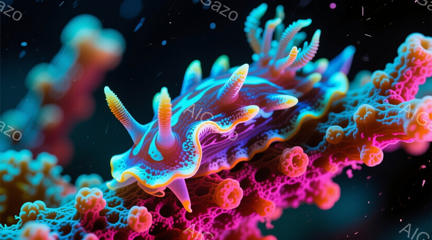 鮮やかなピンクと紫色の海中生物が、暗い背景の中で光り輝いている。その独特な形状は、繊細な触手と波打つような身体が特徴で、まるで幻想的な生き物のように見える。背景には、同様のカラフルな海中生物が密集しており、神秘的でカラフルな雰囲気を醸し出している。