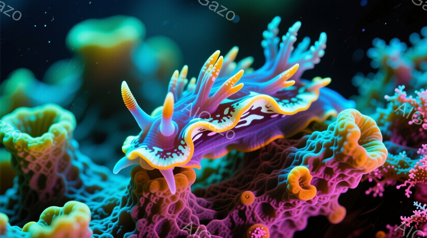 鮮やかな色彩のウミウシが、珊瑚礁の中に浮かび上がっている。紫色の身体には白と黄色の模様が入り、触覚のような突起が特徴的だ。背景には、ピンクやターコイズブルーの珊瑚が密集し、まるで幻想的な水中庭園のようである。
