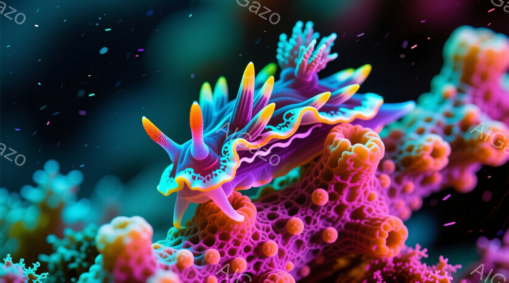 鮮やかなオレンジと紫色の海中生物が、ピンク色の珊瑚礁の上を這っている様子が捉えられています。生物の体はフリル状になっており、頭部には触覚のようなものが突き出ています。背景は暗く、珊瑚礁の鮮やかな色が際 - AI生成フリー素材