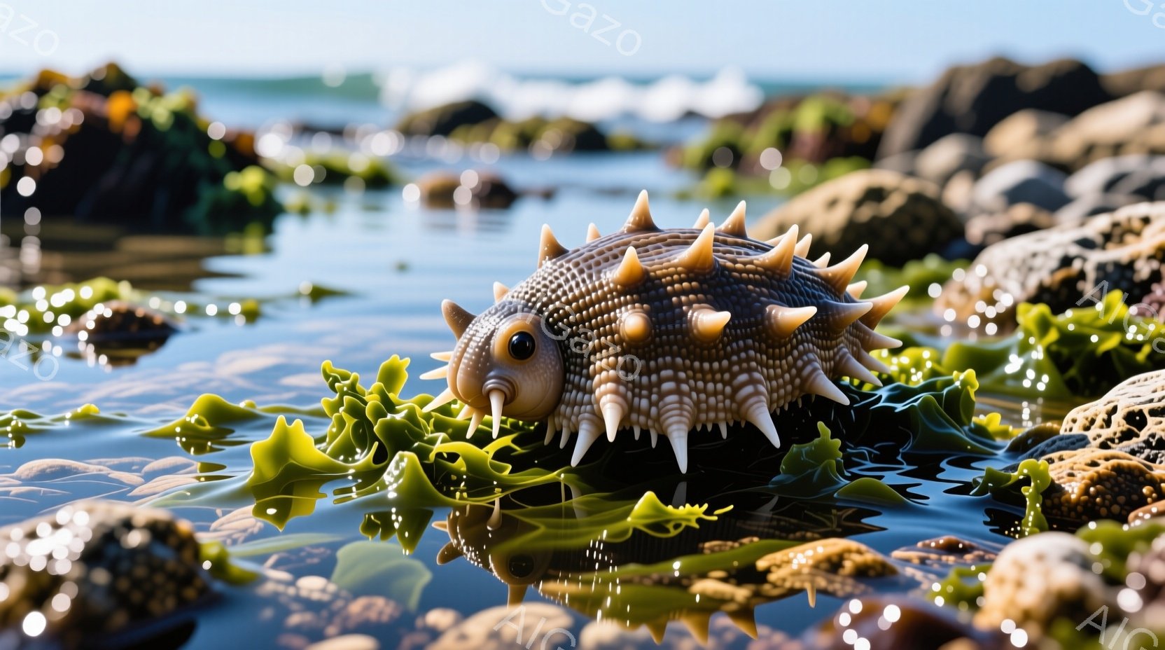潮だまりの中に、鋭い棘を持つ不思議な生物が浮かんでいる。つぶらな瞳と小さな口が特徴的で、周囲には緑色の海藻や岩が点在している。光の反射が水面にきらめき、生物の独特な質感と潮だまりの静けさを際立たせている。