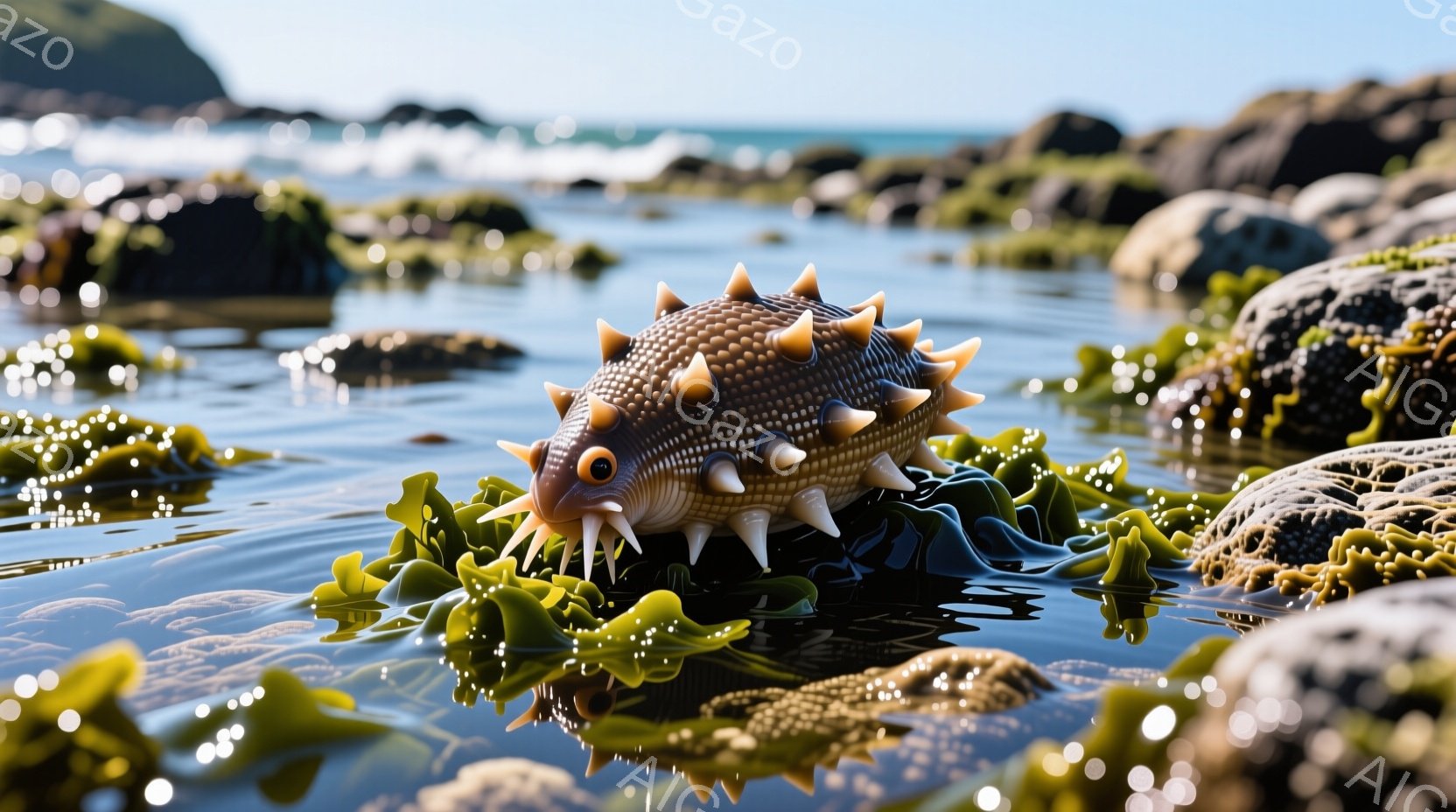 浅瀬の水中に、とげだらけの奇妙な生物が浮遊している。生物は茶色と白のまだら模様で覆われ、鋭い突起が特徴的で、まるで小さなドラゴンを思わせる。背景には、岩場や水面が広がり、穏やかな日差しが降り注ぎ、静かで神秘的な雰囲気を醸し出している。