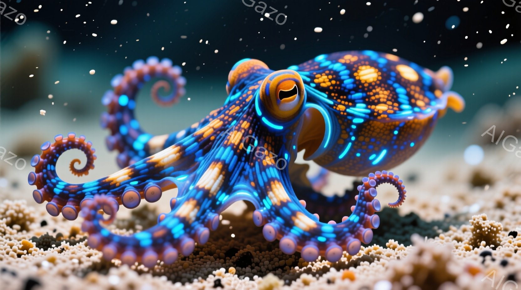 鮮やかな青とオレンジ色の縞模様を持つタコが描かれており、触手は丸い吸盤で覆われています。タコは砂のような海底に身を寄せ、ゆったりと優雅なポーズをとっています。背景はぼやけており、海底の砂と小さな生物が - AI生成フリー素材