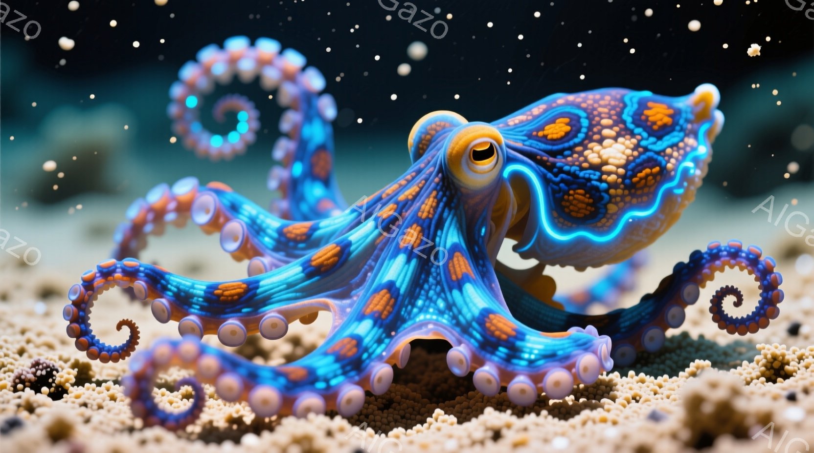明るい青とオレンジ色の縞模様を持つタコが、砂のような海底に立っている。触手はカールして虹色に見え、生き生きとした印象を与える。背景は暗く、光る粒子が散りばめられ、幻想的な雰囲気を作り出している。