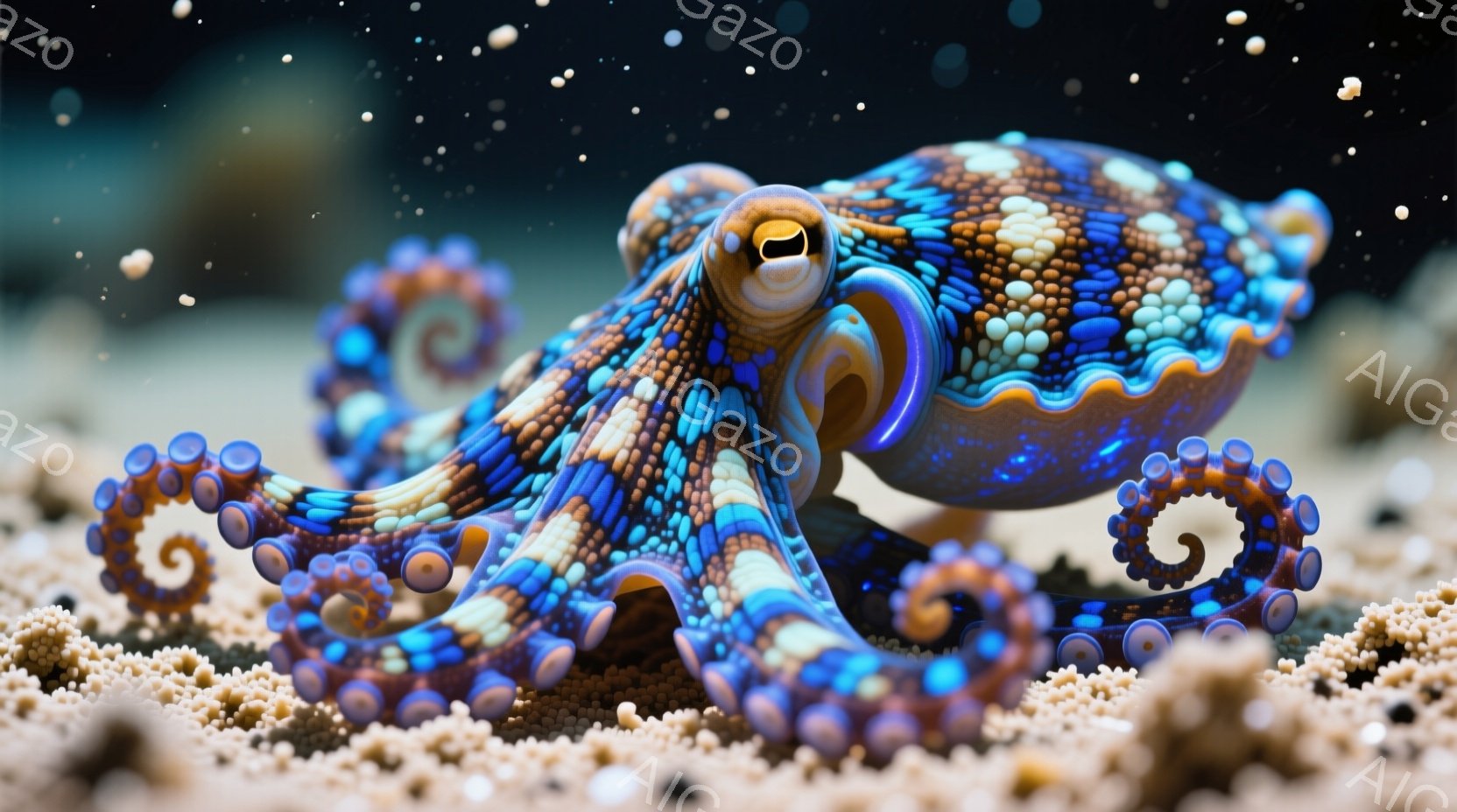 美しい色彩のタコが砂の上にいます。青、オレンジ、白の複雑な模様が、その体を飾り、独特の存在感を放っています。丸い目と巻き込まれた触手が特徴的で、まるでファンタジー世界の生き物のように見えます。 - AI生成フリー素材