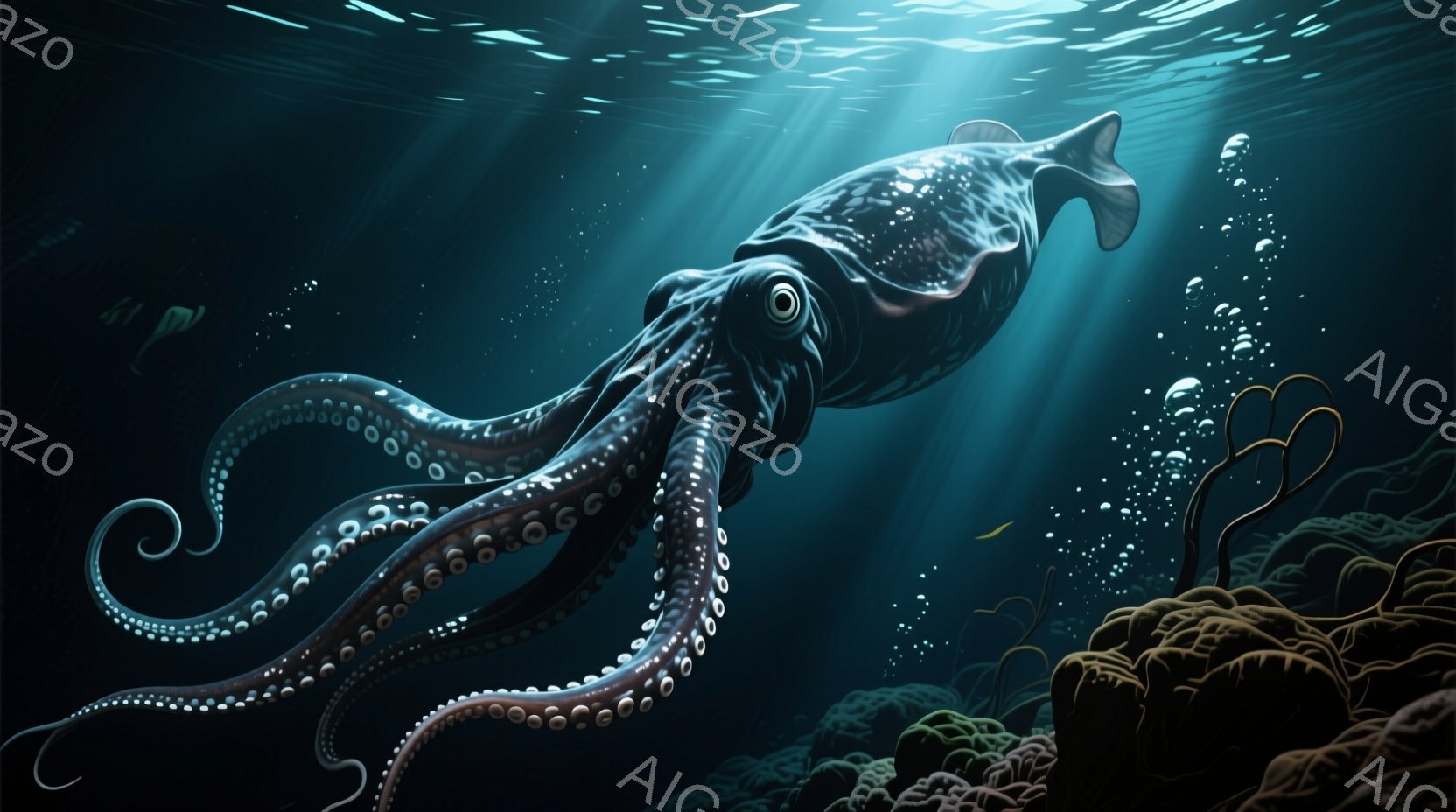 深海を背景に、大きなタコが描かれています。その体はダークグレーと白の模様で覆われ、触手は優雅に広がり、吸盤がはっきりと見えます。背景には、岩や海藻などの水中植物が見られ、太陽光が差し込むことで神秘的な - AI生成フリー素材