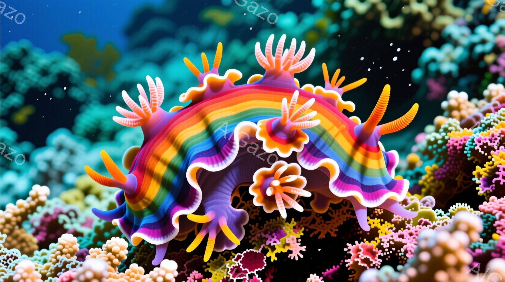 美しい色彩豊かなスベカタツオが、鮮やかな珊瑚礁の中に浮かんでいる。その身体は、オレンジ、紫、ピンク、黄色といった虹色の帯で覆われ、繊細な触手が優雅に広がっている。背景は様々な色の珊瑚で埋め尽くされ、まるで夢の中のような幻想的な雰囲気を醸し出している。