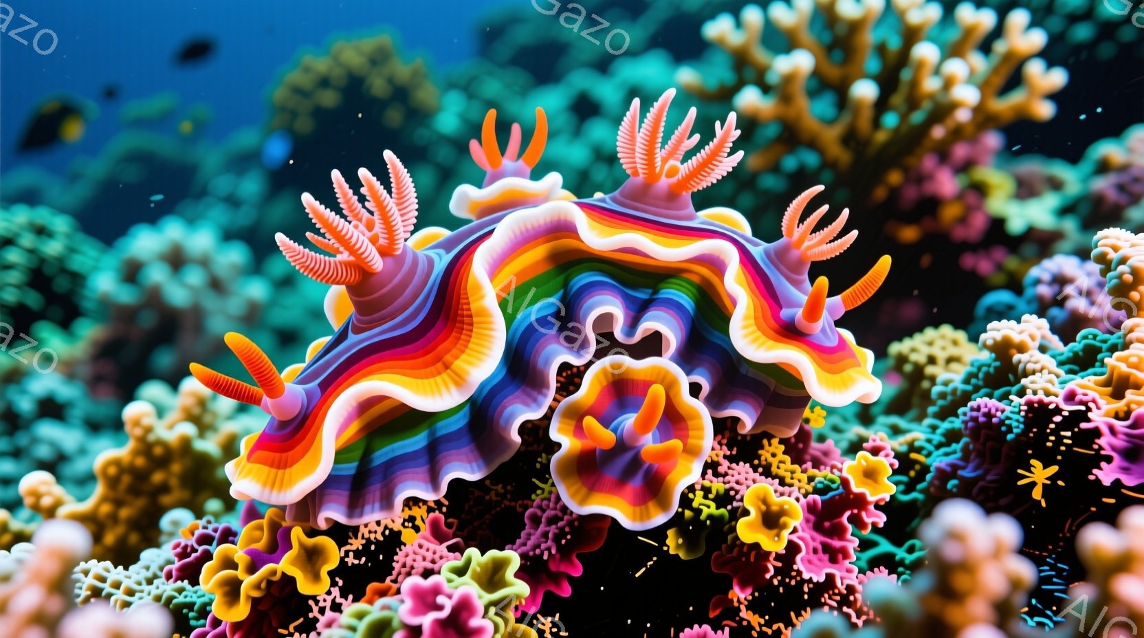 鮮やかな色彩のウミウシが、ピンクや黄色のサンゴ礁の中に浮かび上がっています。その体は虹色に輝き、フリル状の構造が優雅な波紋を描き、まるで海の妖精のようです。背景には様々な形のサンゴが密集し、生命力あふれる水中世界を表現しています。