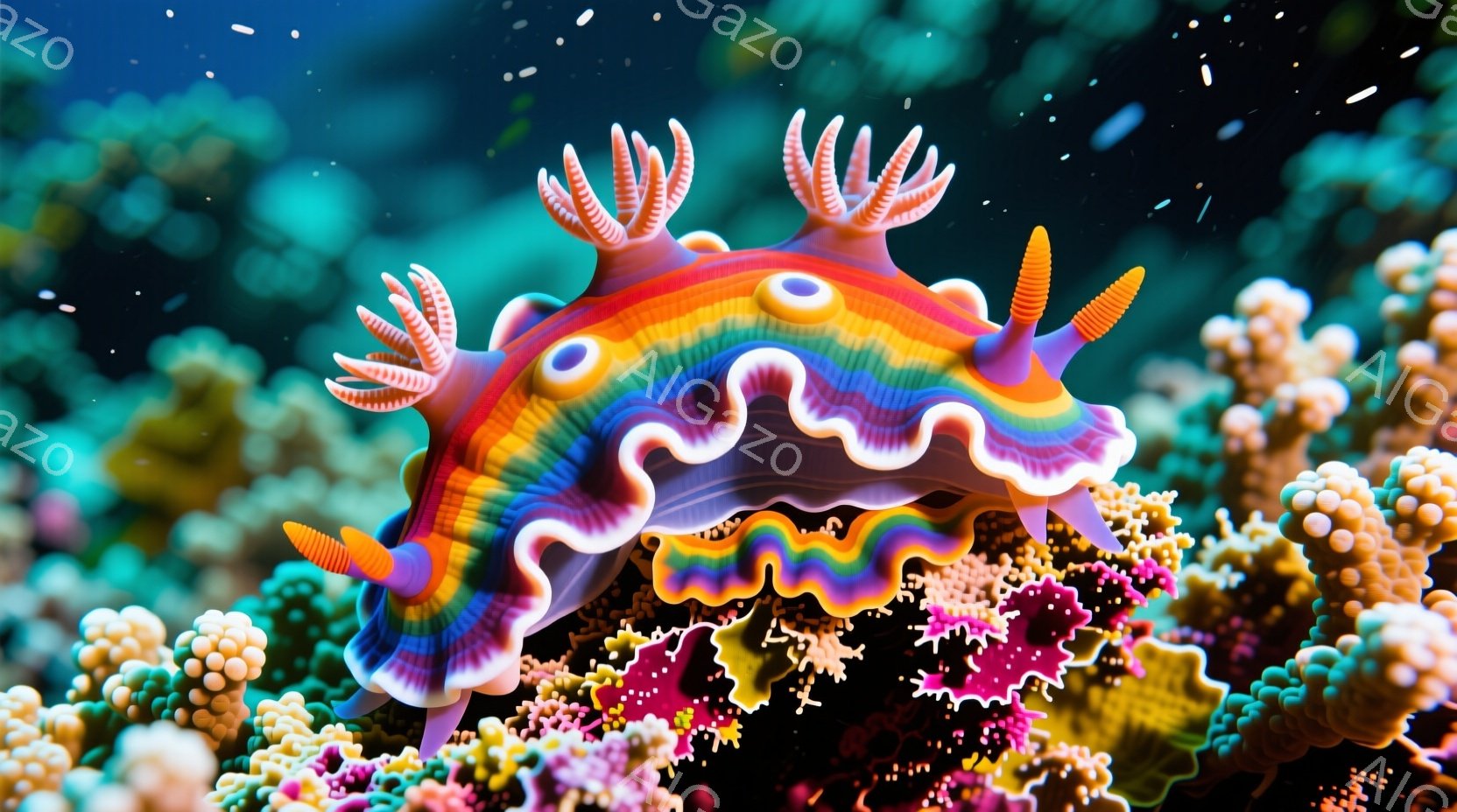 カラフルなウミヒモと呼ばれる海洋生物が、ピンク、紫、オレンジ、青などの鮮やかな色彩で輝いている。その独特の形状は、波打つ縁を持つフリル状の体と、頭に生えた鮮やかな赤い突起が特徴的で、まるで深海の妖精のようである。背景には、様々な色の珊瑚が密集しており、生き生きとした海洋生態系を思わせる。