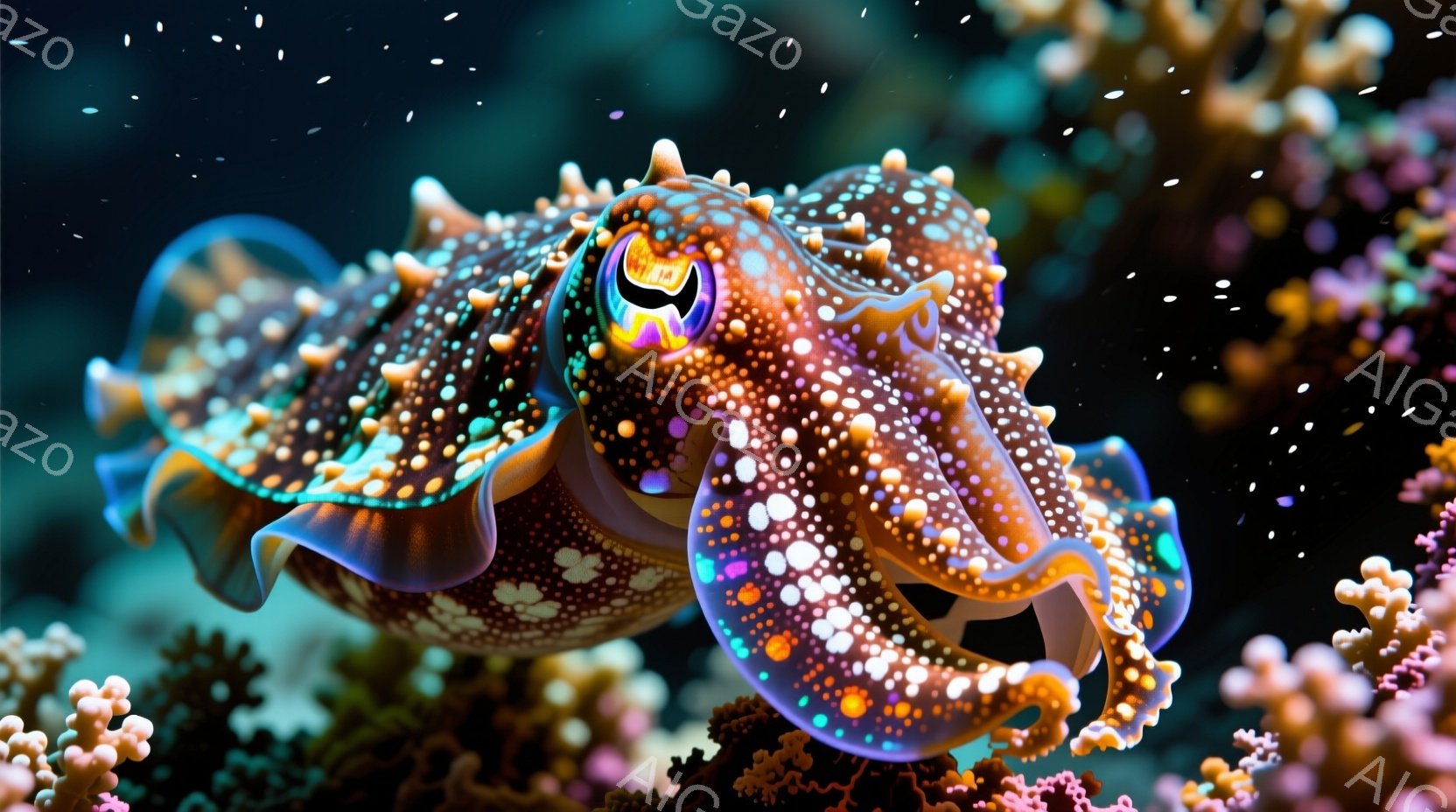 海洋の中で、大きなイクラを持つオキアミが泳いでいます。彼らは美しいマルガミーコーティングで覆われており、触手と眼球を見せる表情をしています。彼らは海の生物たちの中で最も印象的な存在です。