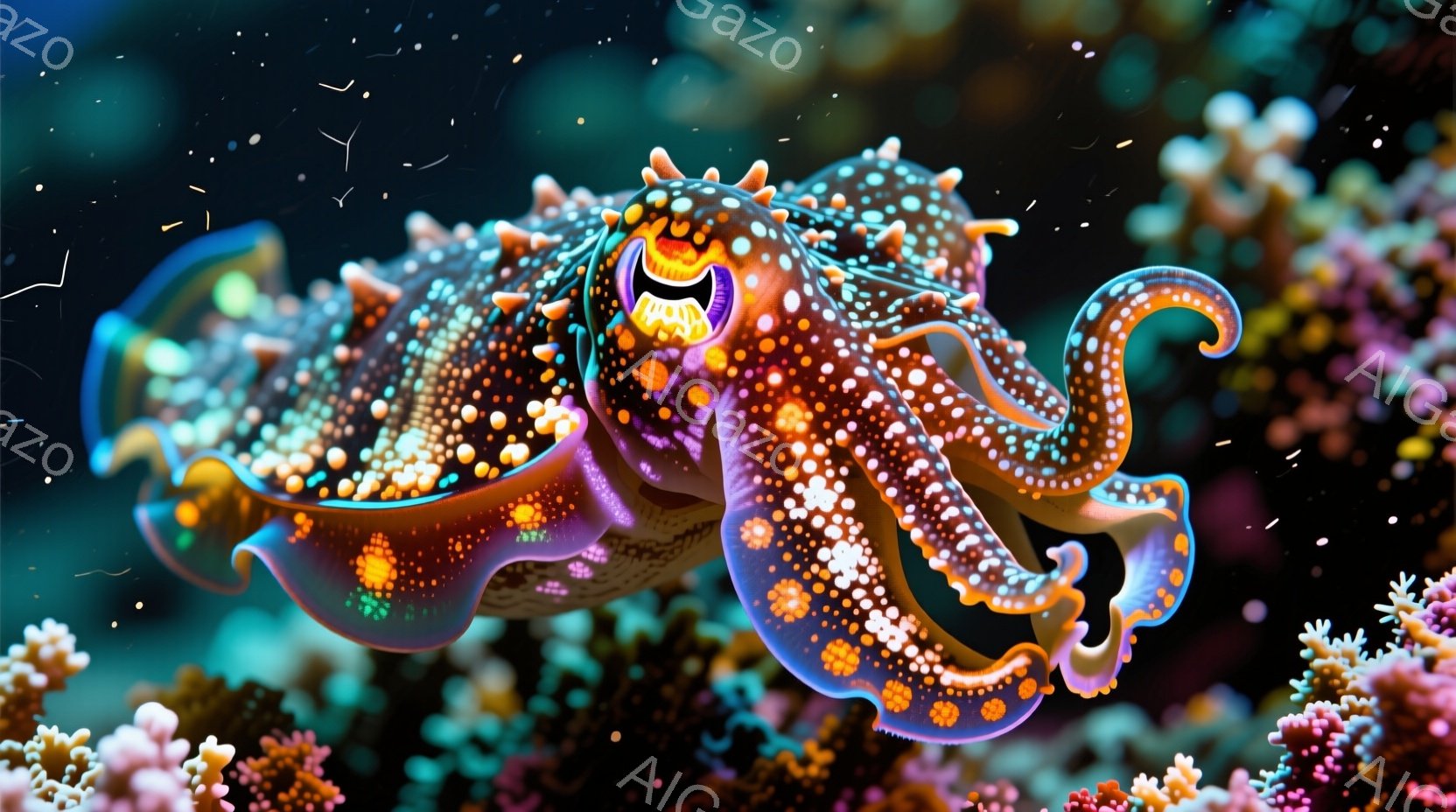 明るい珊瑚礁を背景に、鮮やかなオレンジ色と紫色のまだらが特徴のタコが描かれています。タコは前足を使って海中を漂い、その体には無数の白い斑点が散りばめられています。全体的に、生き生きとした色彩と躍動感あ - AI生成フリー素材