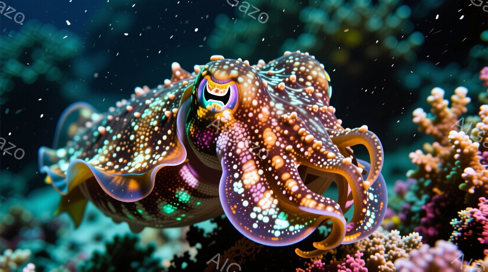 鮮やかな色彩のイカが、ピンクや紫、緑色のサンゴ礁の間を漂っている。イカの体には白く輝く水玉模様があり、目は大きく、好奇心旺盛な表情をしている。背景は暗く、イカの色彩がより際立ち、神秘的な雰囲気を醸し出 - AI生成フリー素材