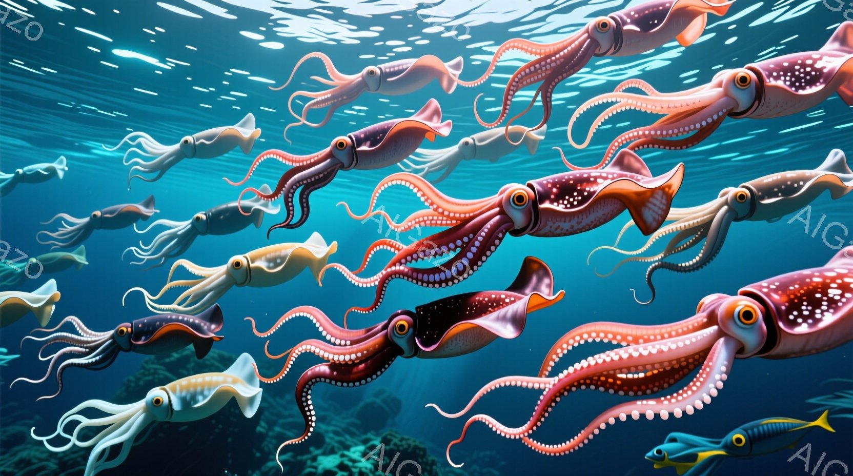 海中を多数のイカが群れで泳いでいる様子が描かれている。イカは赤やピンク、茶色など様々な色合いで、体には白い斑点が並んでいる。背景には暗い海床と、光が差し込む水面が描かれ、全体的に幻想的で神秘的な雰囲気を醸し出している。