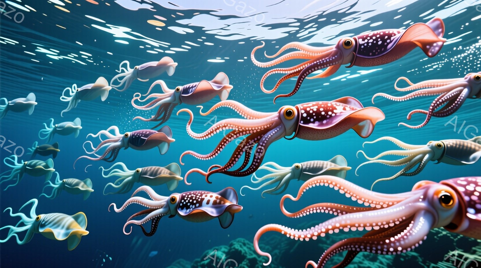 多数の可愛らしいタコが青い海中を漂っている様子が描かれています。タコたちはピンク色と白の模様を持ち、丸い目と愛らしい表情で、陽気な雰囲気を醸し出しています。背景には、ぼんやりとした海底と、光が差し込む水面が描かれ、幻想的な海中世界を表現しています。