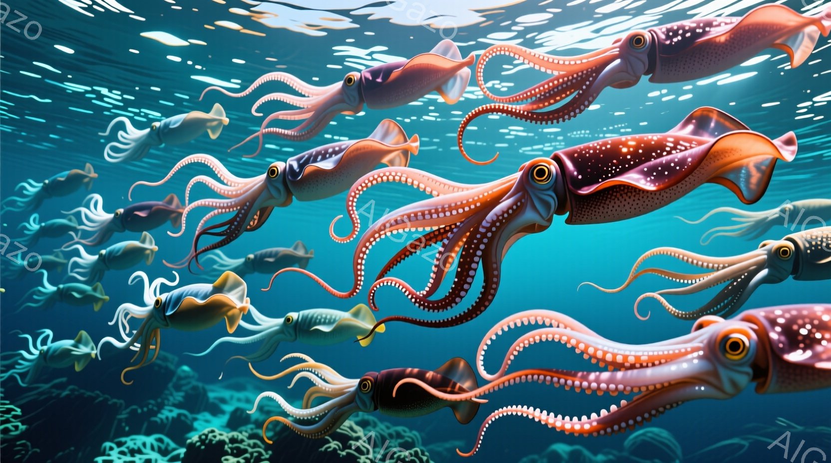 深い青色の海中に、多数のイカが漂っています。イカたちは身体をねじり、触手を伸ばし、まるでダンスを踊っているかのような姿で、様々な方向を向いています。海底には茶色い珊瑚が見え、水面からは光が差し込み、神秘的な雰囲気を醸し出しています。