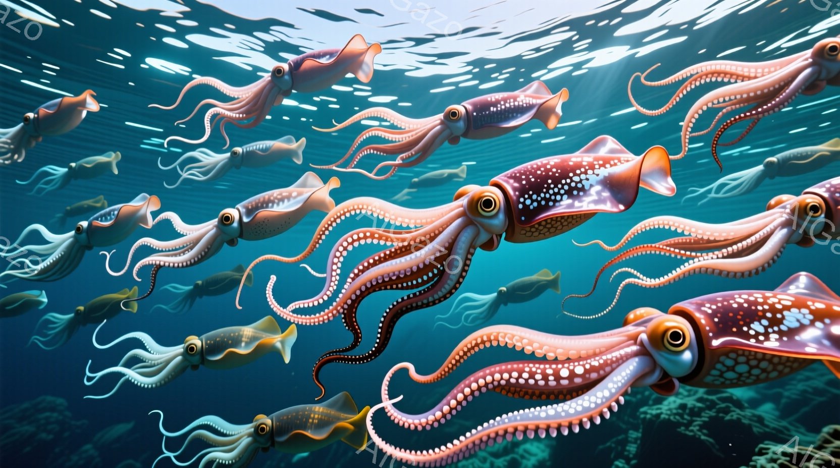 多数のイカが青い海中を漂っている様子が描かれています。イカたちは体中に水玉模様があり、オレンジ色と茶色の混ざった色合いで、触手は優雅に伸びています。背景は光が差し込む海中であり、全体的に穏やかで幻想的な雰囲気が漂っています。