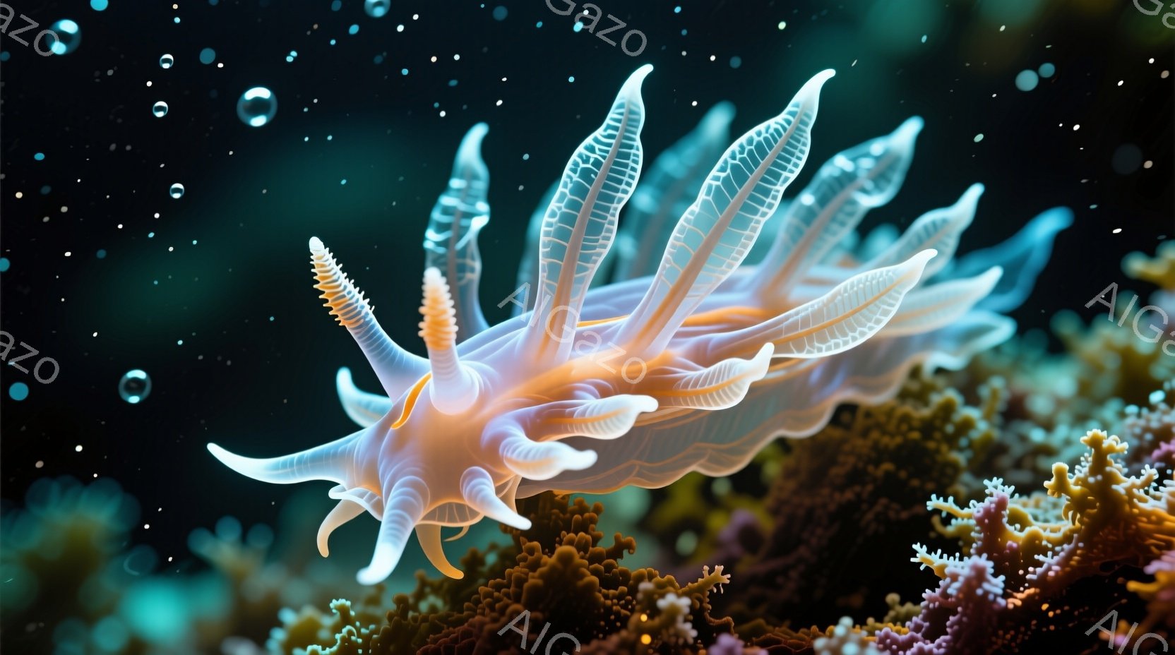 鮮やかな珊瑚礁の上を、透き通るような白い海ウミウシが優雅に泳いでいる。繊細な模様が施された鰭のような器官が特徴的で、まるで天使の羽のようにも見える。背景は深い青色で、小さな気泡が漂い、神秘的で穏やかな雰囲気を醸し出している。