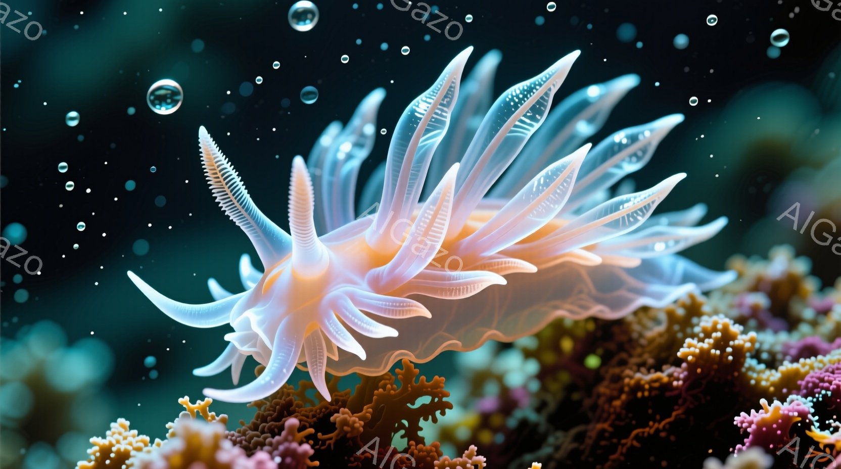 鮮やかなピンクとオレンジ色のサンゴ礁を背景に、白く透き通ったカサカサウミウシが浮かんでいる。繊細な白い突起が特徴的で、まるで羽のような優雅な姿をしている。背景には小さな泡が漂い、深海という神秘的な雰囲 - AI生成フリー素材