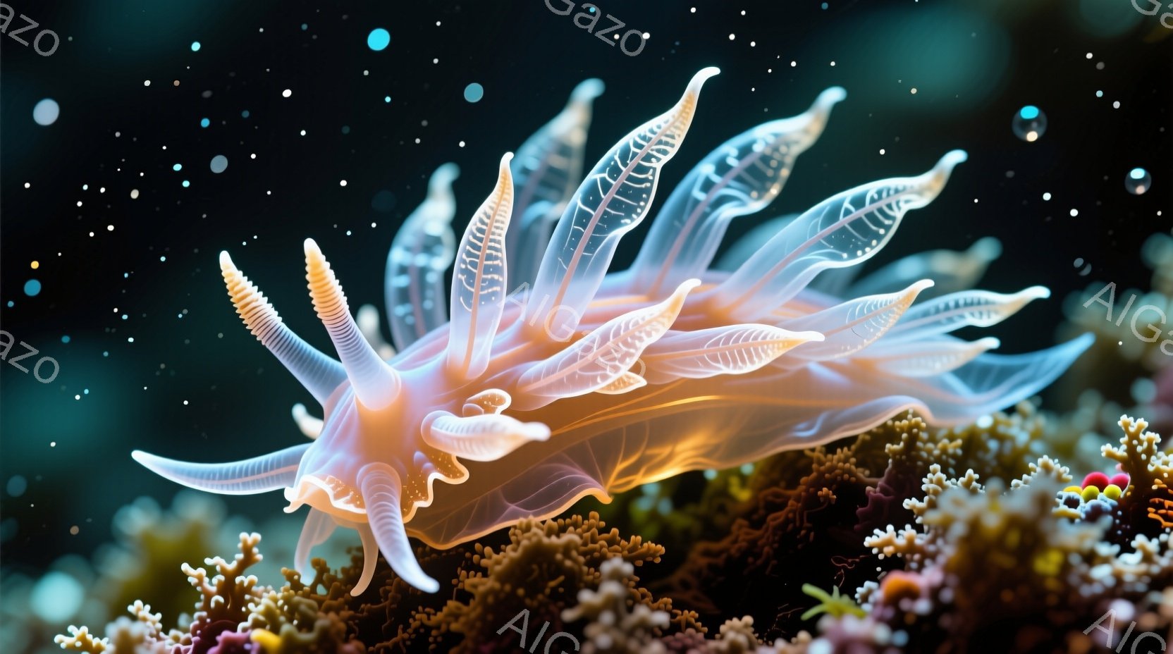 鮮やかなオレンジと白の色彩を帯びたウミウシが、サンゴ礁の上で優雅に泳いでいる。繊細な触手は水中で光を反射し、まるで花びらのように見える。背景にはぼやけたサンゴ礁が広がり、深海の神秘的な雰囲気を醸し出している。