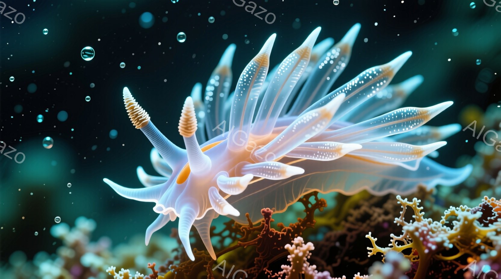 鮮やかなターコイズブルーの海中を、白く繊細なカサカサウミウシが優雅に漂っている。その身体は、まるで羽のような繊細な突起で覆われ、水中で光を反射して幻想的な輝きを放っている。鮮やかなオレンジ色やピンク色のサンゴ礁が背景に広がり、まるで水中庭園のような美しい景観を作り出している。