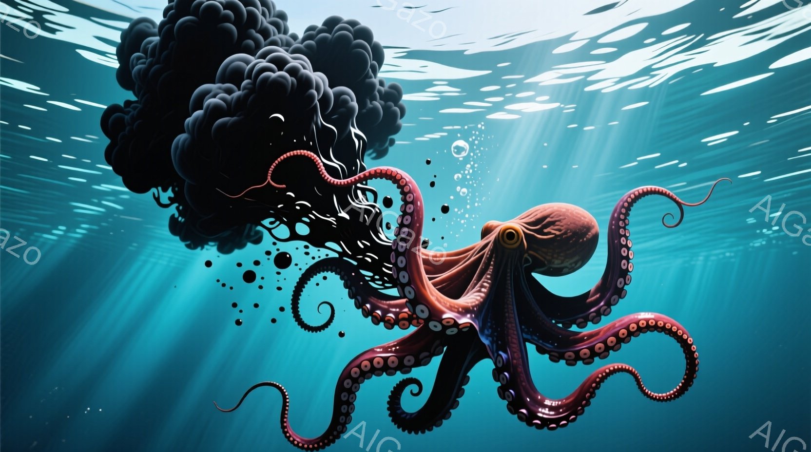 鮮やかな青色の水中を、深紅色のタコが優雅に泳いでいる。タコの体は丸みを帯びた質感で、吸盤が密集しており、その触手が螺旋を描くように広がっている。背景には光が差し込み、水中に漂う泡が幻想的な雰囲気を醸し出している。