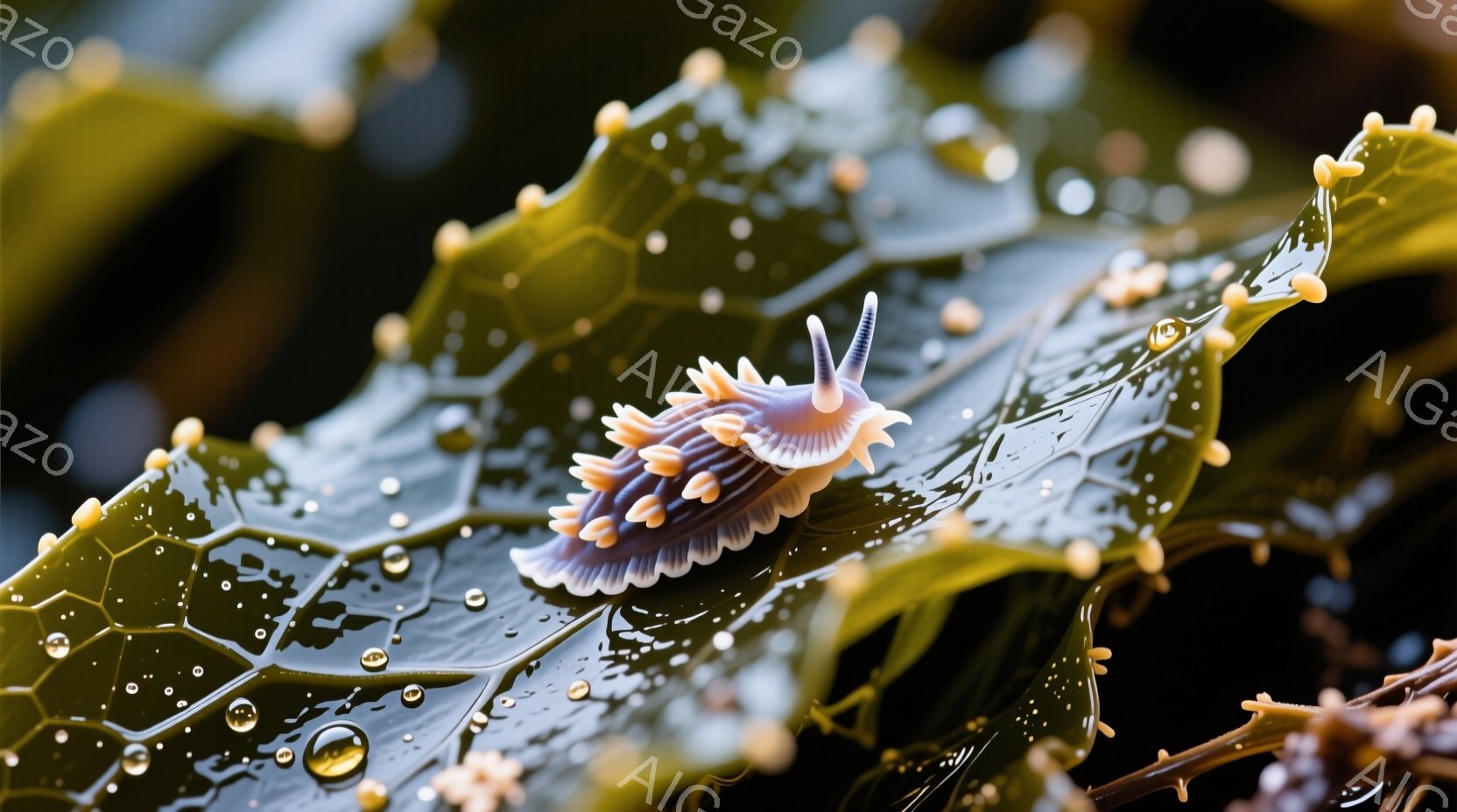 淡い紫色と白の美しいウミウシが、緑色の海藻の上に優雅に佇んでいます。海藻の表面には水滴が光り、生き物と背景のコントラストを際立たせています。全体的に、穏やかで神秘的な深海の雰囲気が漂っています。
