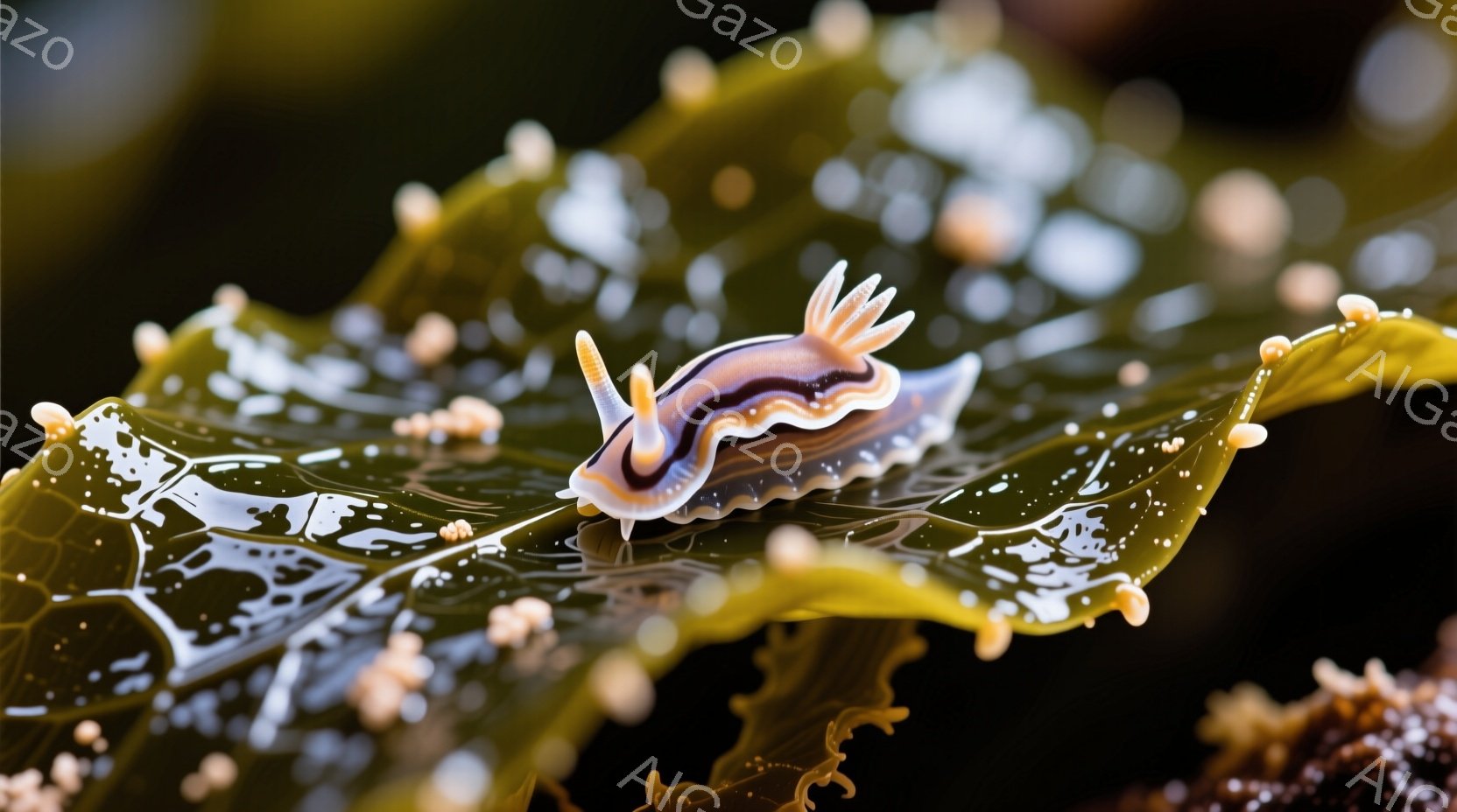 鮮やかなオレンジと紫色の縞模様を持つウミウシが、緑色の海藻の上に優雅に佇んでいます。海藻は波に洗われたように湾曲し、表面には小さな白い斑点が点在しています。背景は暗く、ウミウシと海藻が際立って見え、神秘的で静謐な雰囲気を醸し出しています。