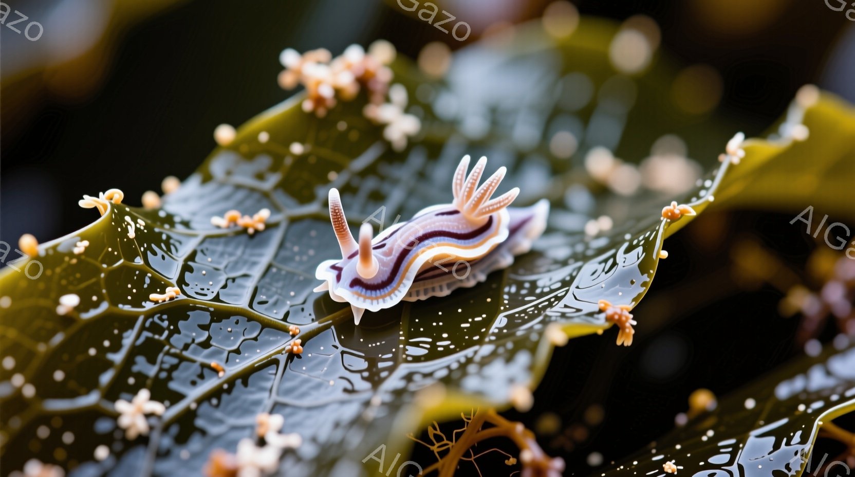 鮮やかな色彩のウミウシが、緑色の海藻の上に優雅に佇んでいます。その身体は白と紫の縞模様で飾られ、頭部には繊細な触手が伸びています。海藻には小さなオレンジ色の突起が点在し、鮮やかなコントラストを生み出しています。