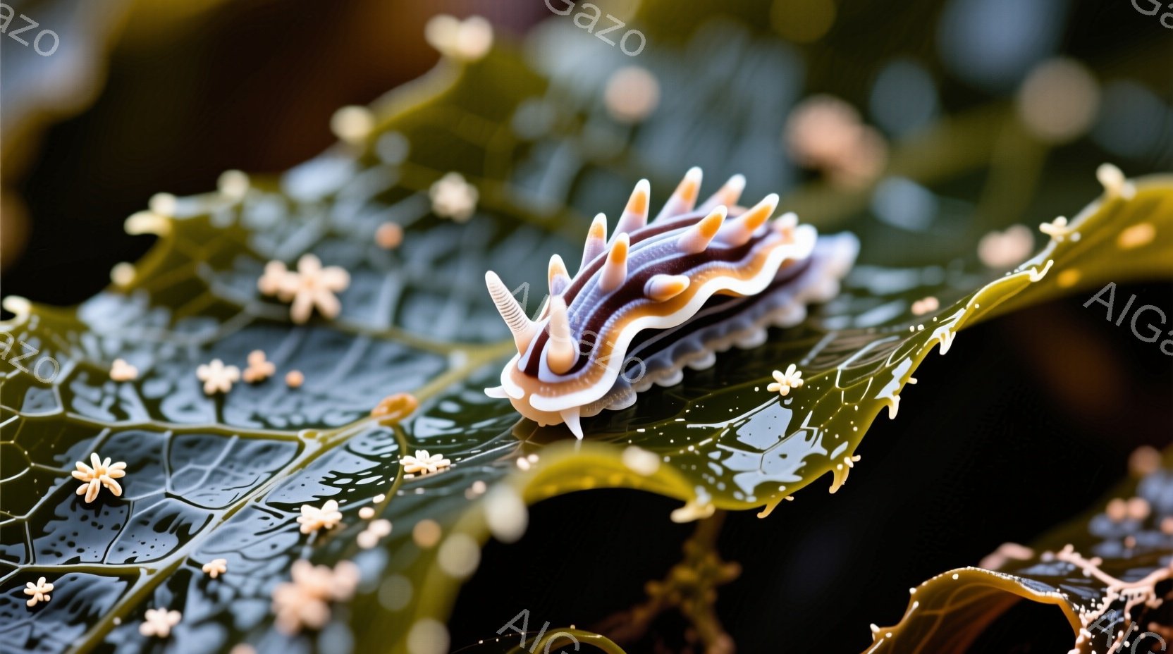 鮮やかな色彩のウミウシが、茶色の海藻の上に鎮座している。ウミウシの体は、白と紫の縞模様で覆われ、背中にはオレンジ色の繊細な突起が並んでいる。背景は暗く、海藻の緑が際立っており、まるで深海に漂う幻想的な生き物のようである。