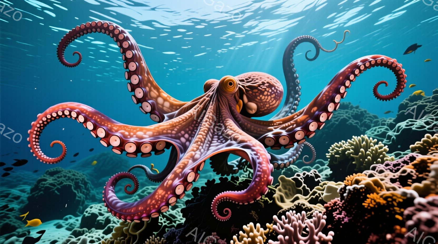 鮮やかなピンクと紫色のタコが、暗い海中を漂っている。タコは巻き貝のような形状の珊瑚礁の上に身を置き、触手が優雅に曲がり、周囲の暗い海とのコントラストを際立たせている。背景には、小さな魚の群れと、様々な - AI生成フリー素材