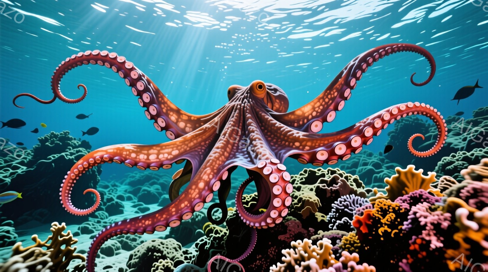 水中の地景で、オーケイパンダが主要な存在となっている。そのオーケイパンダは、海底に降り立って砂浜上で水管を伸ばし、頭を上げて周囲を見回するポジションをとっている。背景には青い水、石や海底生物があり、砂浜上のオーケイパンダが鮮やかな色の触手を伸ばすことで、自然の美しさが表現されている。全体的には、冒険心を持つ海洋生物が活動している場面が描かれており、視覚的に楽しめる水中の景色を提供している。