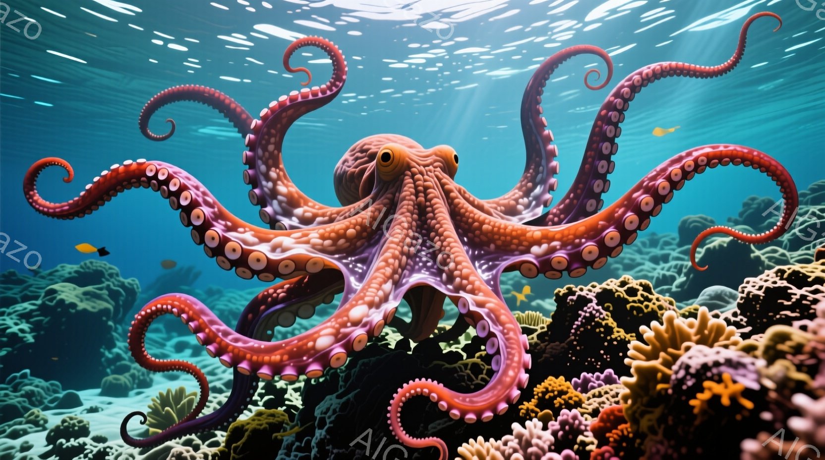 鮮やかなオレンジとピンク色のタコが、珊瑚礁の中に優雅に浮かんでいる。その姿はまるで舞い踊っているようで、吸盤のついた触手が複雑に絡み合い、生き生きとした印象を与える。背景には、太陽光が差し込む海底の様子が広がり、小さな魚たちが珊瑚の間を泳ぎ回っている。