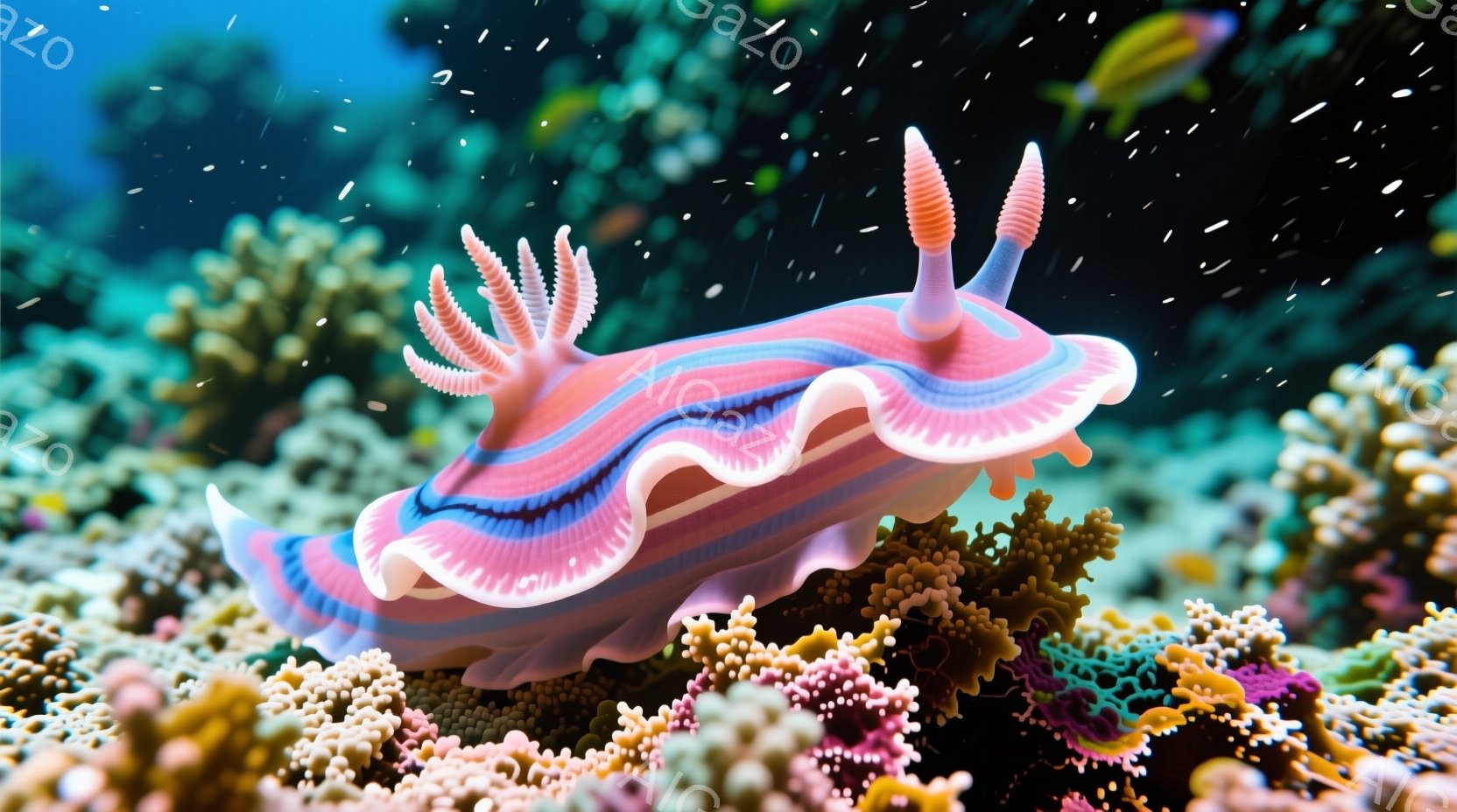 鮮やかな色彩を持つウミウシが、珊瑚礁の上でゆったりと体を伸ばしています。ピンク、オレンジ、紫色の美しい縞模様が特徴で、背中の繊細な突起が印象的です。背景には様々な種類の珊瑚が密集し、水中世界の幻想的な雰囲気を醸し出しています。