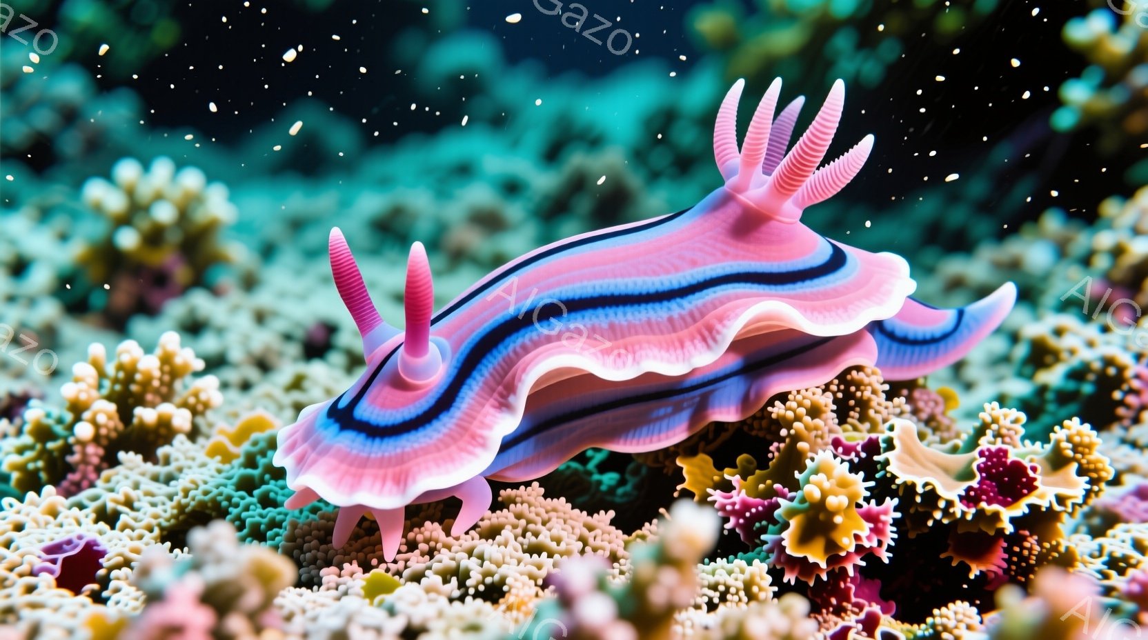 鮮やかなピンクと黒の縞模様を持つウミウシが、サンゴ礁の上に優雅に佇んでいます。その体は流線型で、頭部には特徴的な2本の触角が伸びています。背景には様々な色のサンゴが密集し、生き生きとした水中世界を表現しています。