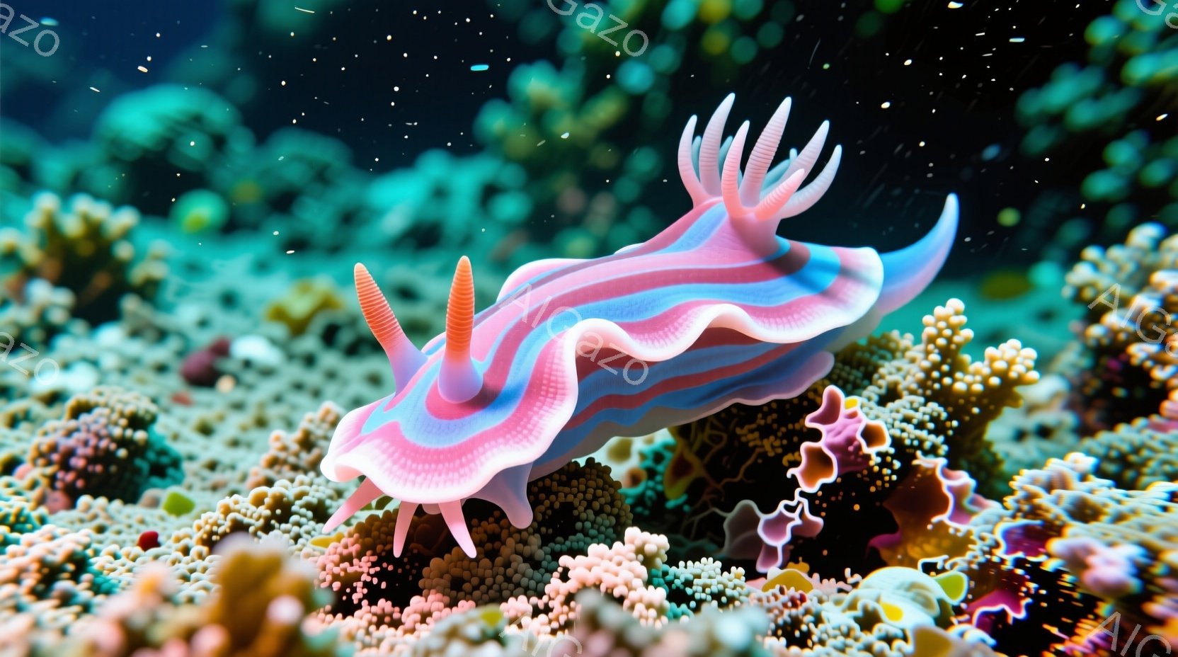 鮮やかな色彩のウミヌシが、珊瑚礁の上を優雅に泳いでいる。体はピンクと青のグラデーションで、背中には繊細な触手が並び、まるで羽のようである。背景には様々な色と形の珊瑚が密集し、生命力あふれる海中世界を表現している。