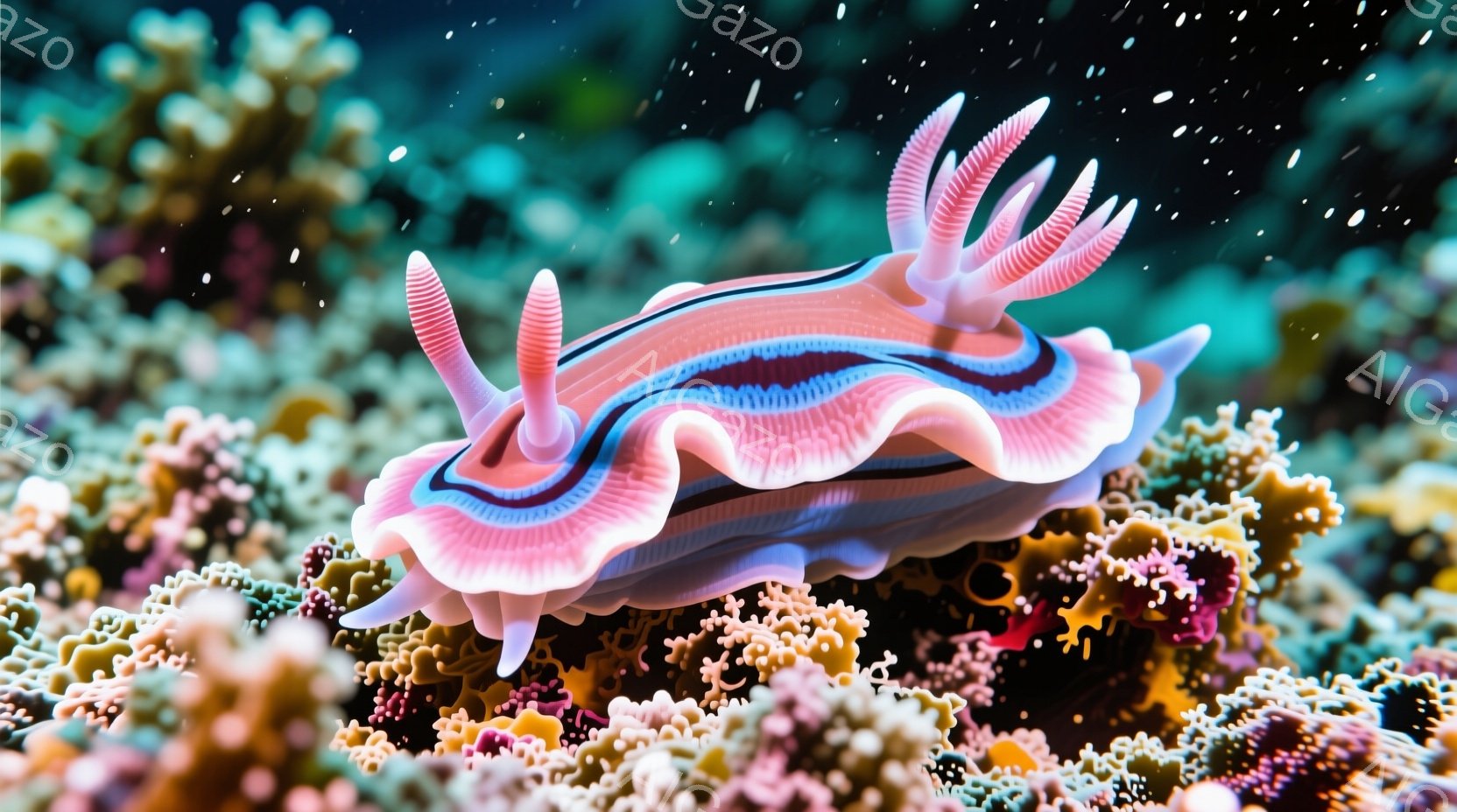鮮やかな色彩のウミウシが、ピンクやオレンジ色のサンゴ礁の上に悠々と浮かんでいる。その体は、白と紫色の縞模様が特徴的で、頭部には繊細な触手が広がっている。背景には、様々な種類のサンゴが密集し、水中に漂う微細な粒子が、幻想的な雰囲気を醸し出している。