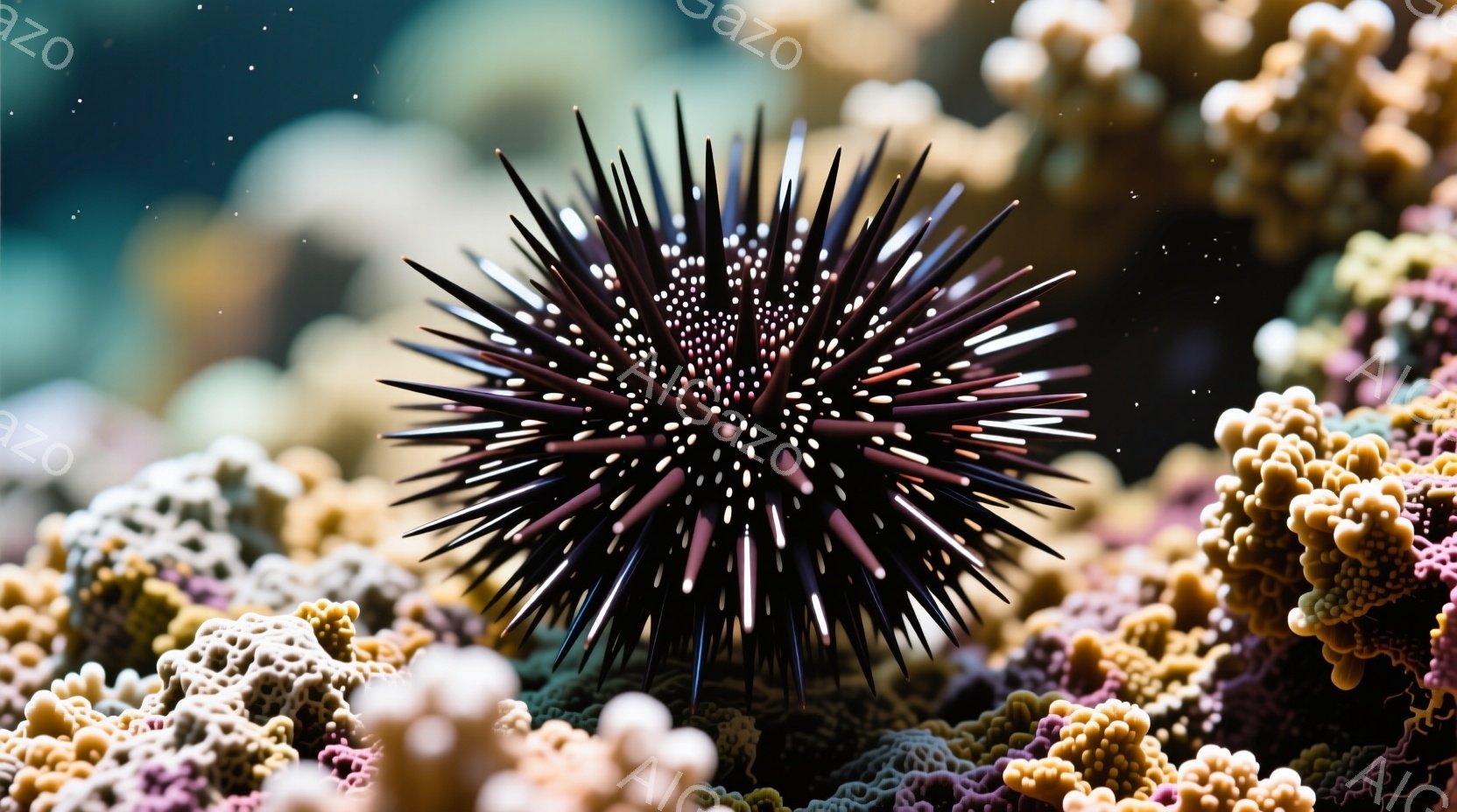 鮮やかな珊瑚礁の中に、棘だらけの黒いウニが際立って存在感を放っている。ウニの棘は長く鋭く、光沢があり、その表面には小さな白い斑点が点在している。背景には様々な色彩の珊瑚が密集し、海洋の多様性と神秘的な - AI生成フリー素材