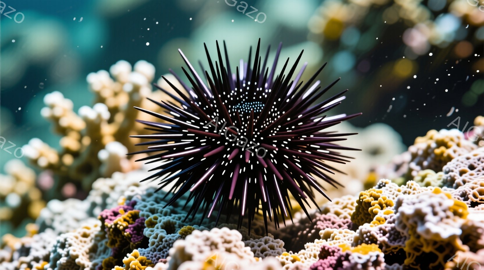 深い紫色のユニークなハリネズミのようなウニが、色彩豊かなサンゴ礁の中に位置している。ウニの棘は密集しており、鋭く、そのコントラストがサンゴの柔らかい色調と鮮やかに映える。背景のサンゴ礁は多様な形と色を - AI生成フリー素材