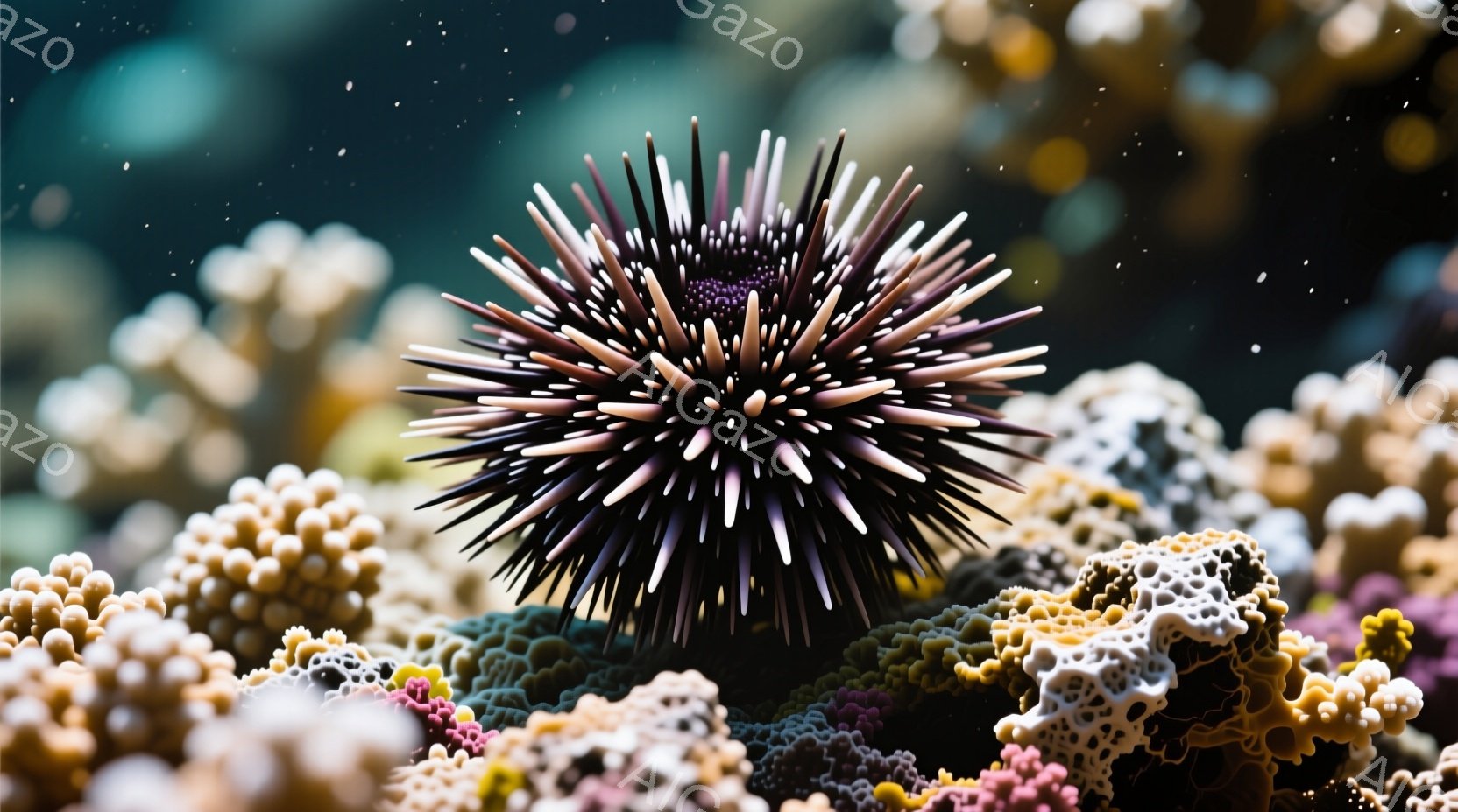 鮮やかな珊瑚礁の中に、紫と黒の縞模様が特徴的なウニがひときわ目立っています。棘は鋭く、珊瑚礁の複雑な地形とコントラストをなしています。全体的に、深海の世界の神秘的な美しさを捉えた、落ち着いた雰囲気の写真です。