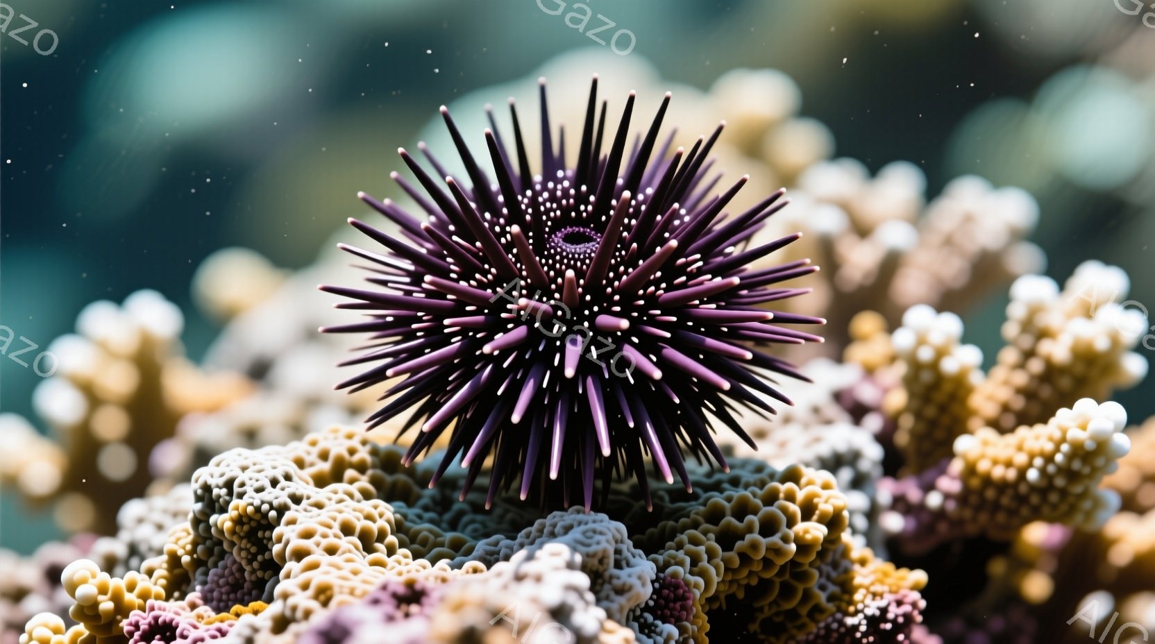 紫色のユニークなイソギンチャクが、白と黄色のサンゴ礁の上に大きく広がっています。イソギンチャクは多数の細長い触手を持ち、それらは光の中で鮮やかに輝いており、まるで宝石のようにも見えます。背景はぼやけており、穏やかで静かな海中世界の雰囲気を醸し出しています。