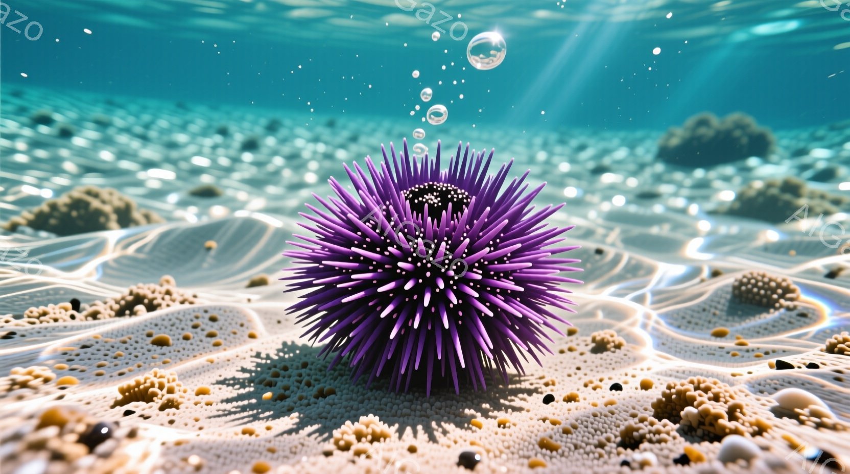 深い紫色をした海胆が、砂と小さな珊瑚礁の上に存在感を示している。水中の光線が差し込み、周囲には小さな気泡が漂っている様子が描かれている。全体的に静かで神秘的な、深海の雰囲気が感じられる。
