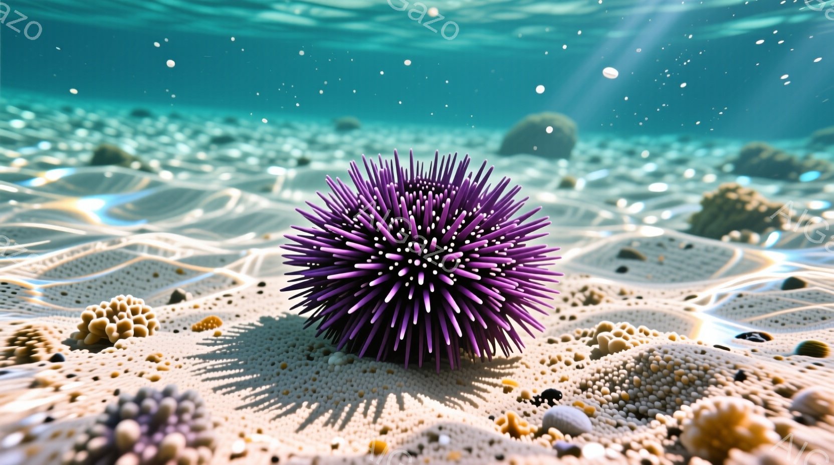 海底の砂地に紫色のウニが置かれており、鋭い棘が特徴的です。周囲には小さな貝殻やサンゴが点在し、光が差し込むことで海底の様子が幻想的に表現されています。全体的に静かで穏やかな雰囲気が漂い、深海の世界の神 - AI生成フリー素材