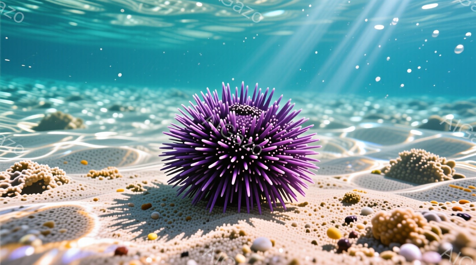 海底の砂地に紫色のユニークなウニが描かれています。周囲には小さなサンゴや貝殻が散らばり、水中の太陽光が差し込み、キラキラと輝く様子が表現されています。全体的に穏やかで幻想的な雰囲気が漂い、深海の美しさ - AI生成フリー素材