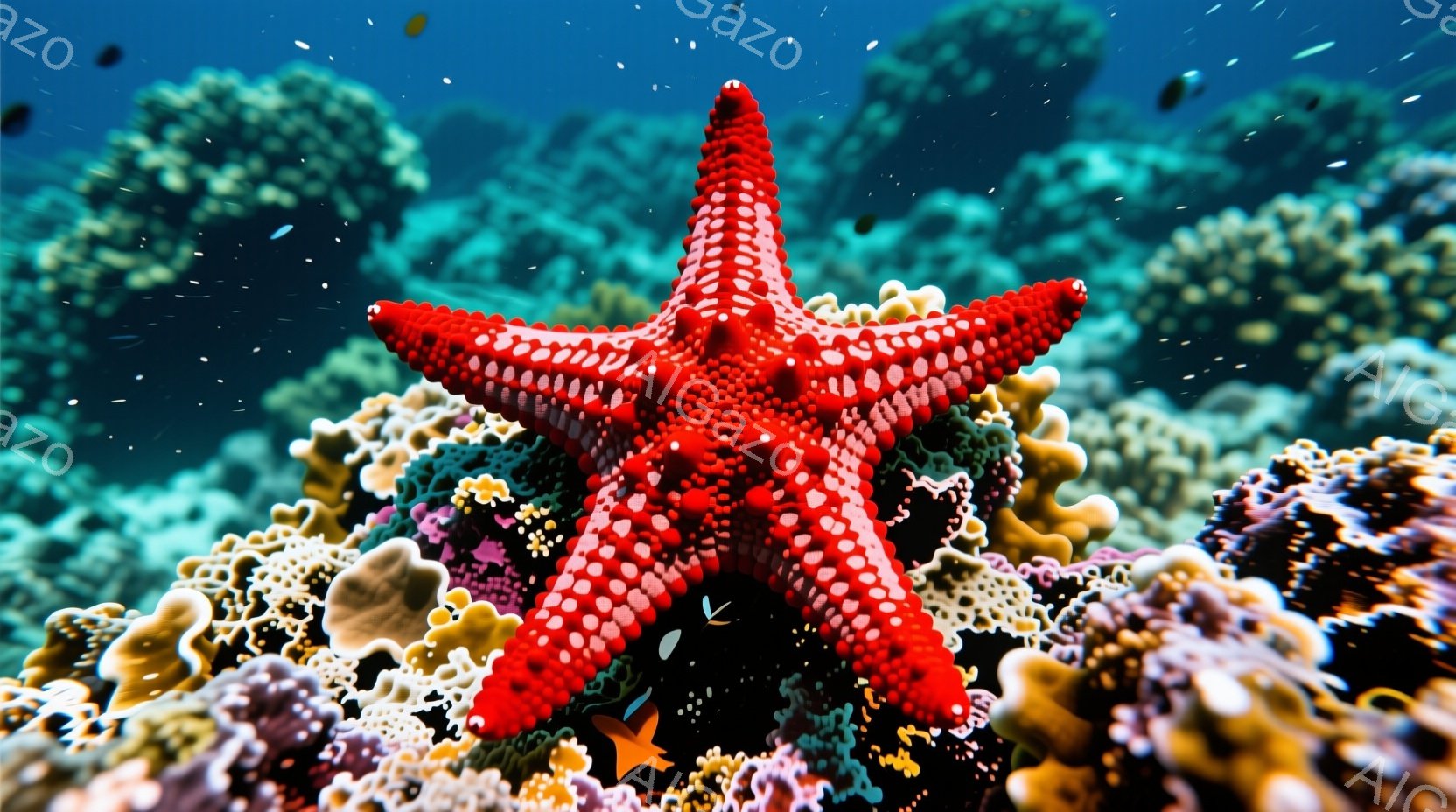 鮮やかな赤いヒトデが、色彩豊かなサンゴ礁の上に大きく広がっています。サンゴは白、黄色、紫、緑など様々な色をしており、生き生きとした海の生態系を表現しています。背景は穏やかなブルーで、小さな魚が点在し、 - AI生成フリー素材