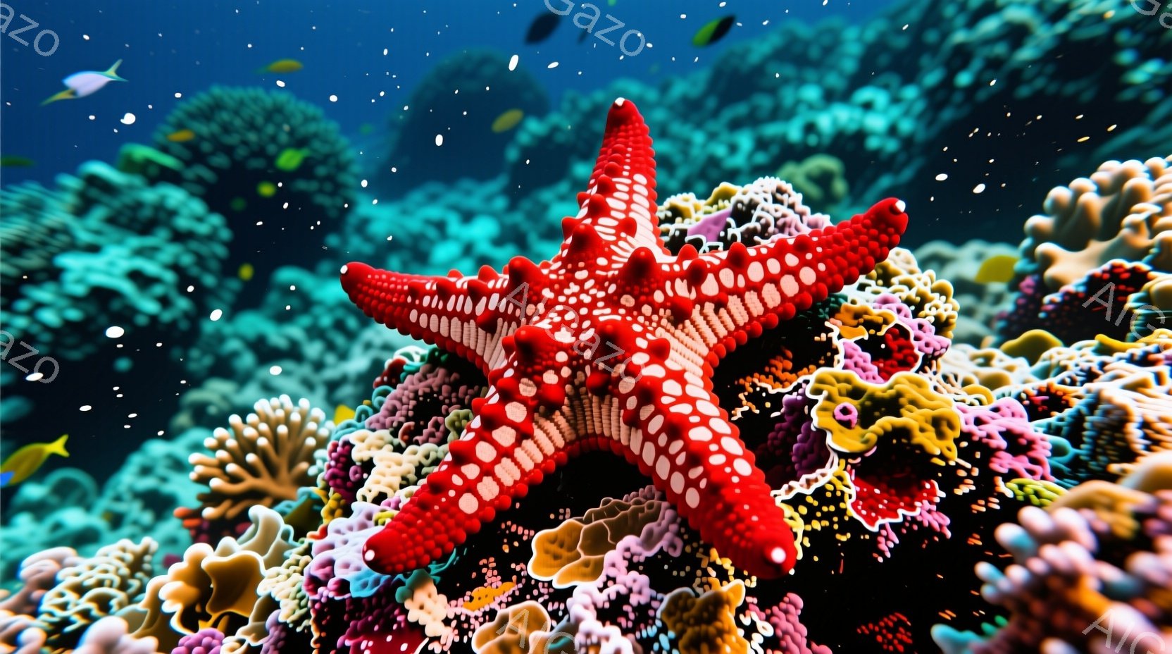 鮮やかな赤いヒトデが、多様な色彩のサンゴ礁の上に存在感を示している。サンゴ礁はピンク、紫、黄色、青など、様々な色合いで覆われ、小さな魚たちがその間を泳いでいる。全体的に、暖かく、生命力に満ちた水中世界 - AI生成フリー素材
