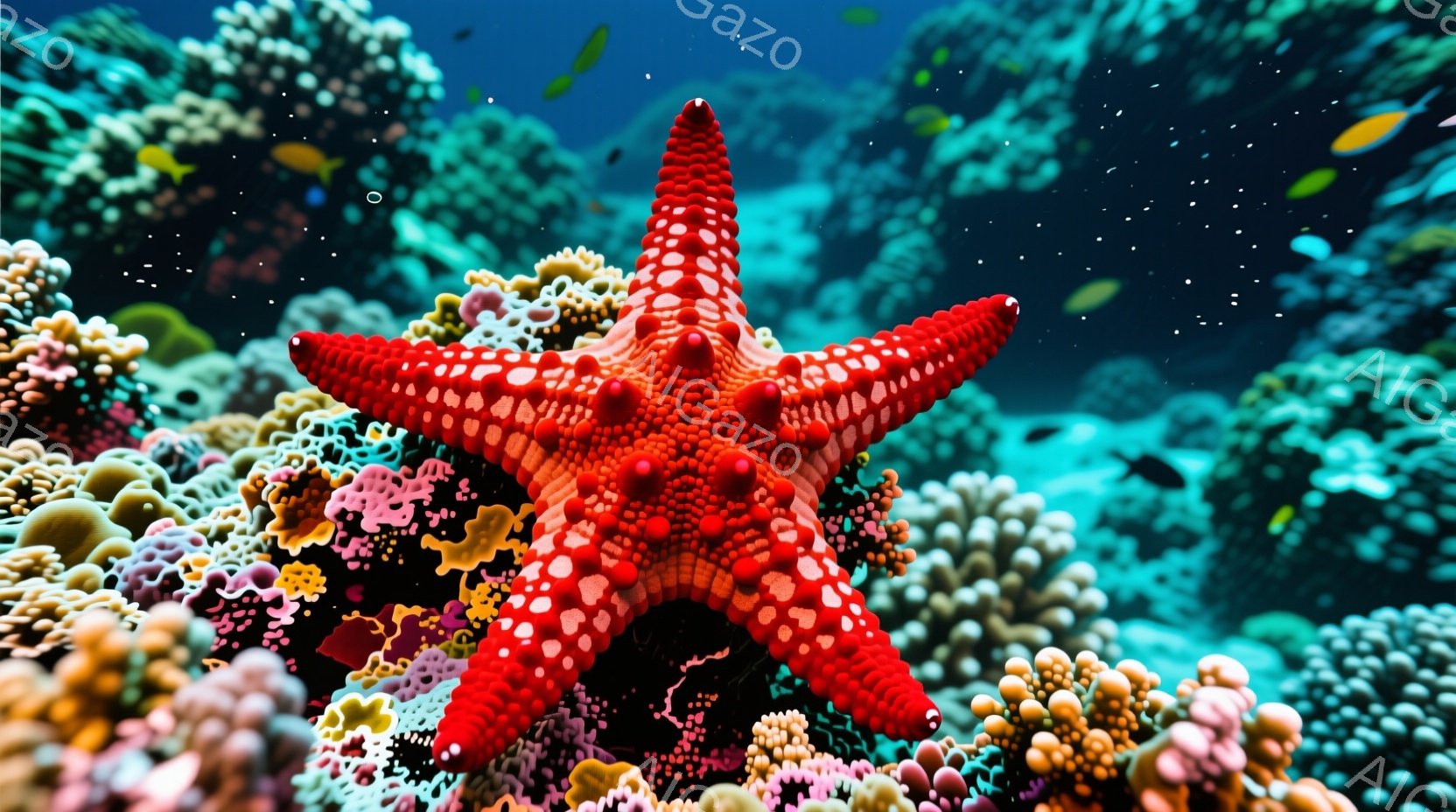 深い青色の海中に、鮮やかな赤いヒトデが咲き誇るように存在している。ヒトデの周囲には、ピンクやオレンジ色のサンゴ礁が密集し、まるで花畑のような美しい光景を作り出している。光が水中で屈折し、幻想的で生命力 - AI生成フリー素材